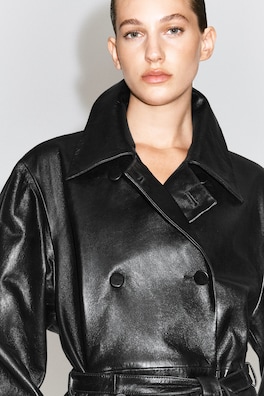 OVERSIZED BELTED LEATHER LONG COAT — BLACK 6