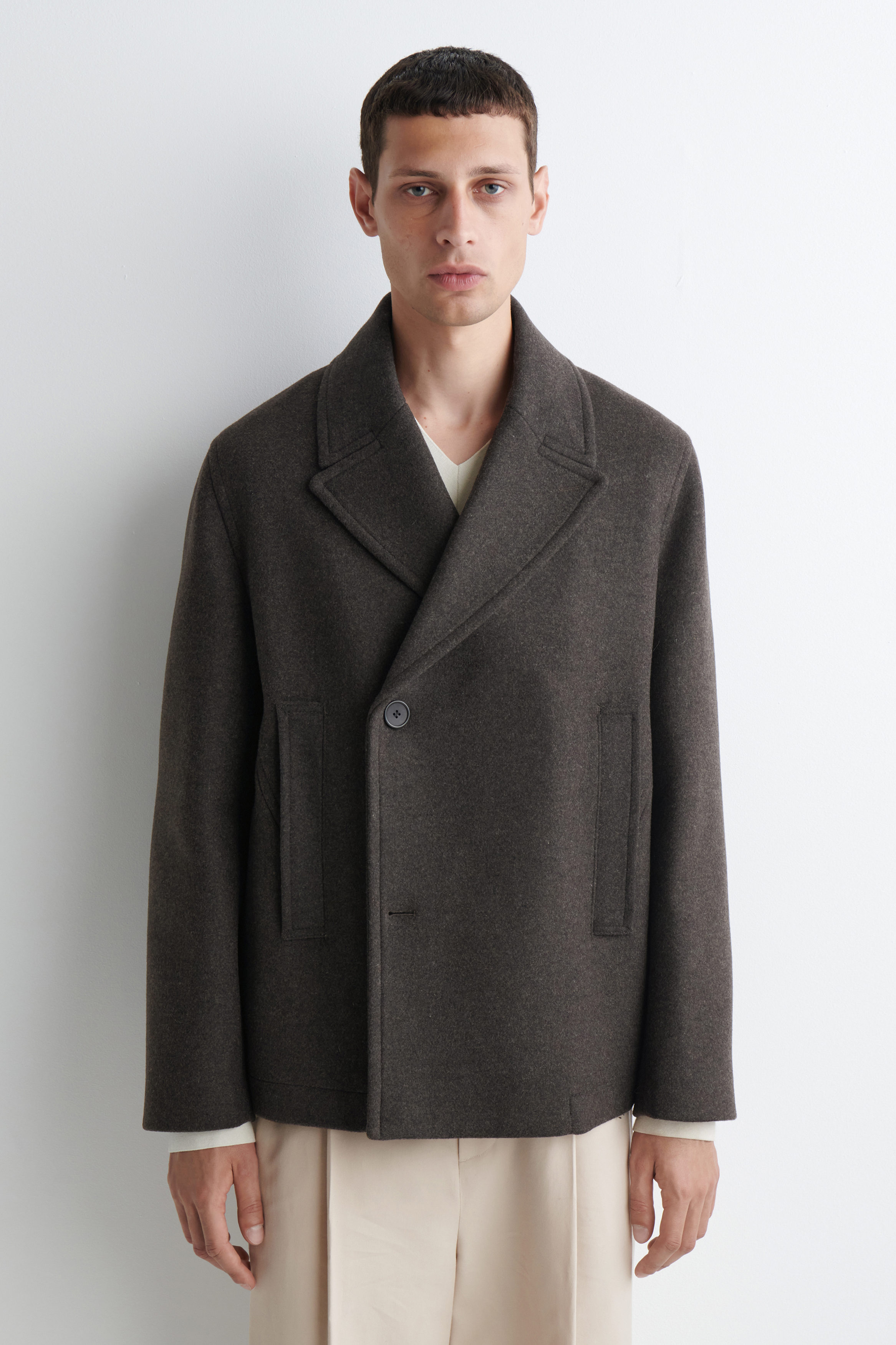 DOUBLE-BREASTED WOOL SHORT PEA COAT - DARK-BROWN MÉLANGE | COS US