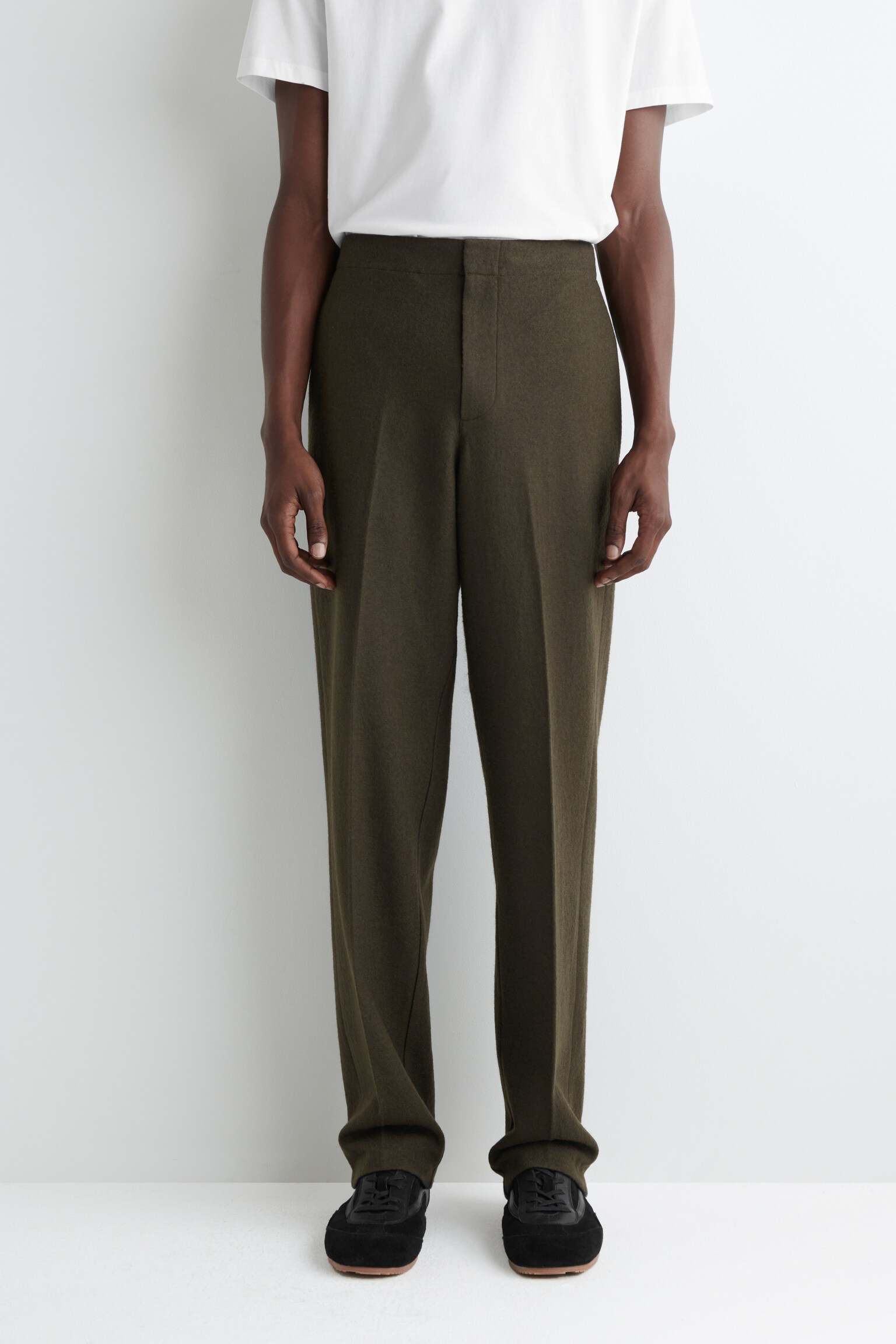 ELASTICATED BOILED-WOOL TROUSERS - DARK KHAKI/DARK BROWN/BLACK - 6