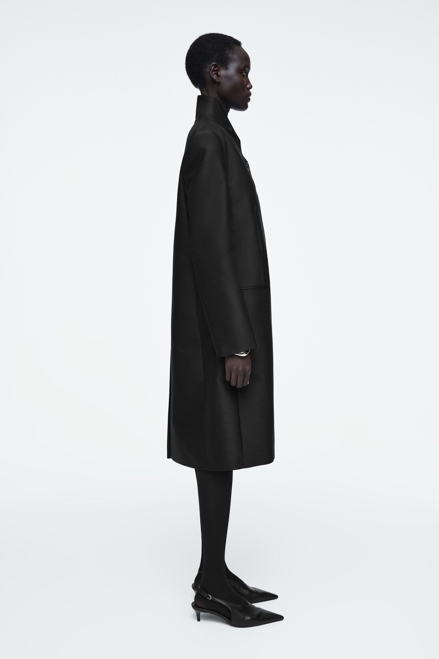 SINGLE-BREASTED WOOL-SATIN COAT - BLACK - 5