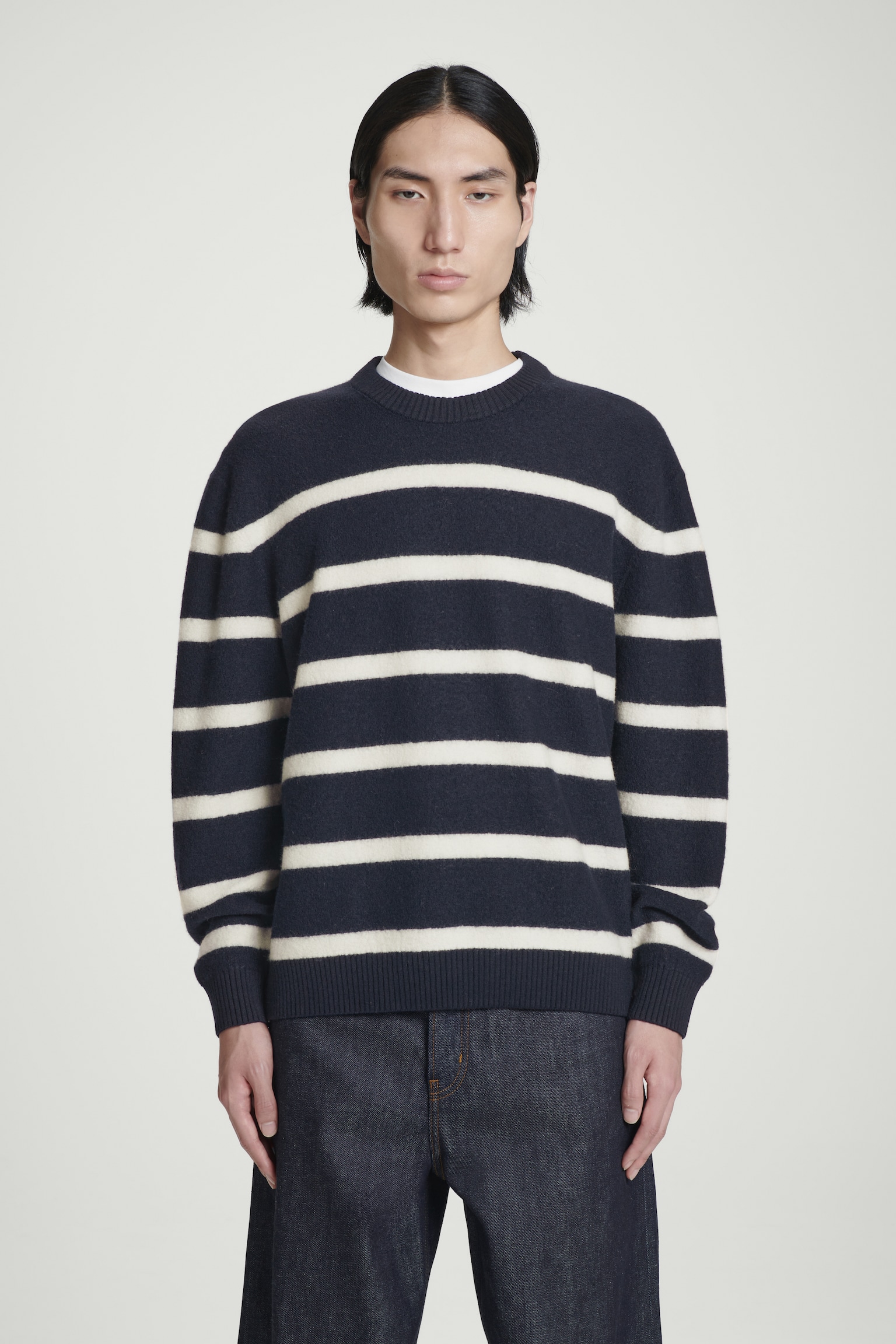 BOILED-WOOL CREW-NECK JUMPER - NAVY / STRIPED/BROWN