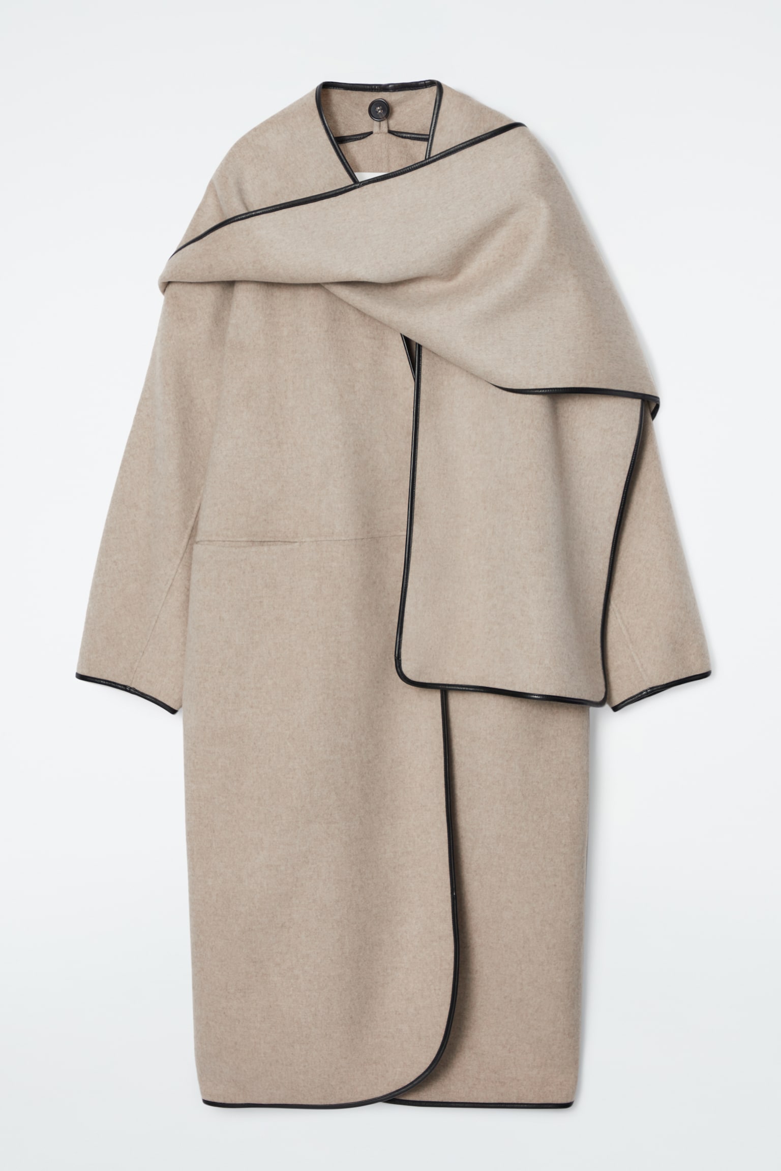 LEATHER-TRIMMED WOOL SCARF COAT - BEIGE/BLACK
