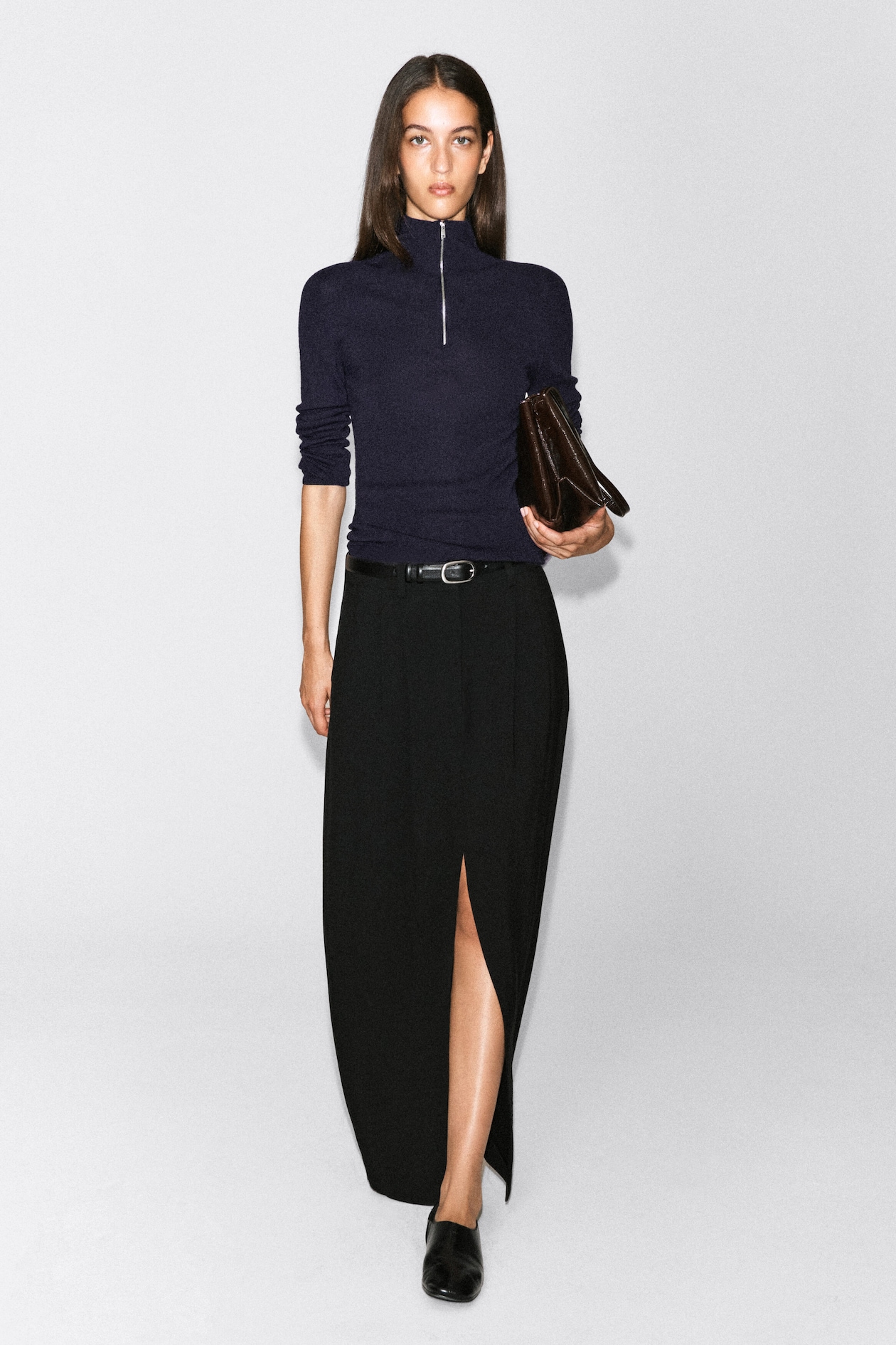 SEAMLESS MERINO WOOL ZIP-UP TOP — NAVY
