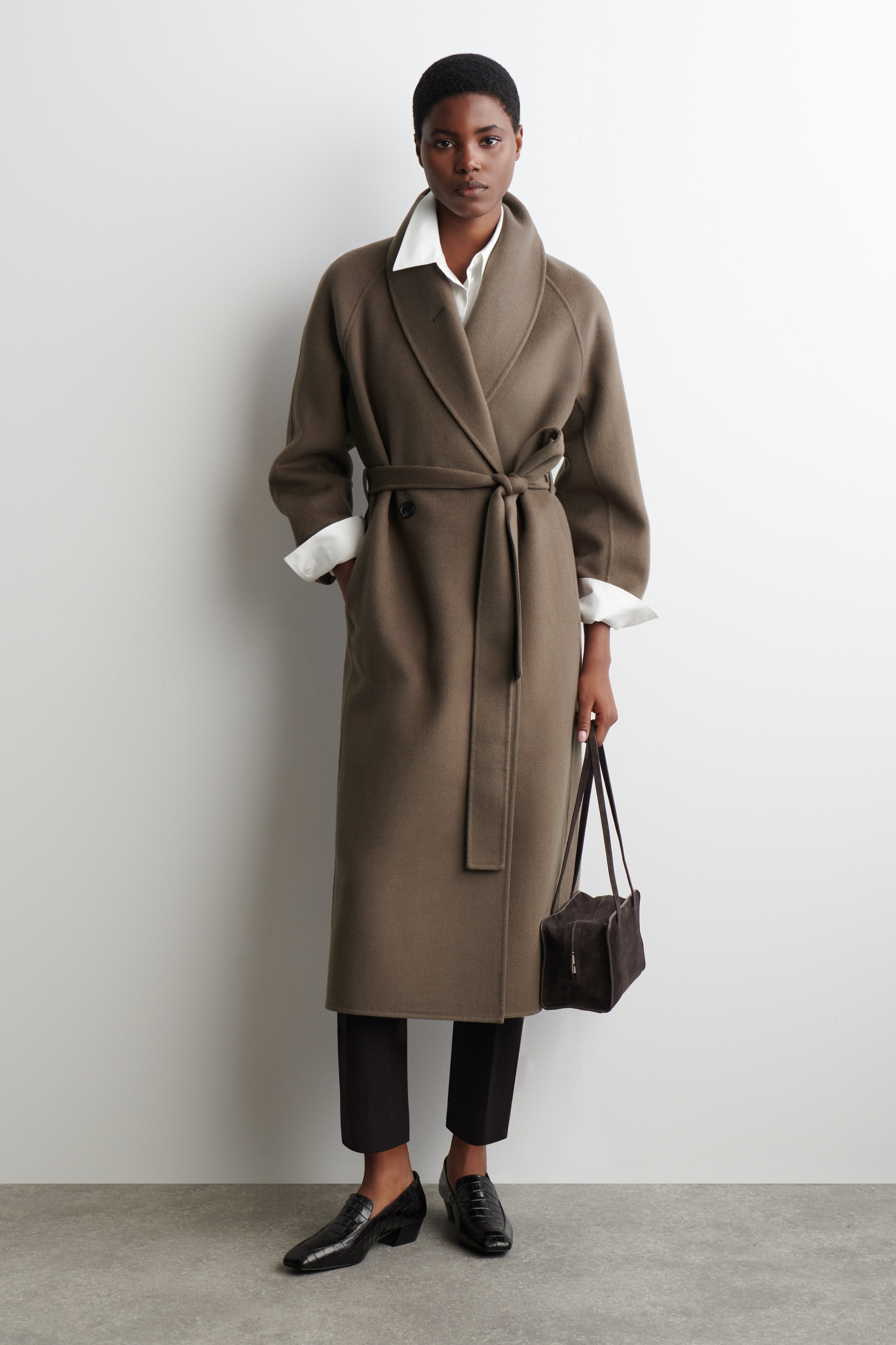 BELTED DOUBLE-FACED WOOL LONG COAT - BROWN/BLACK/BURGUNDY