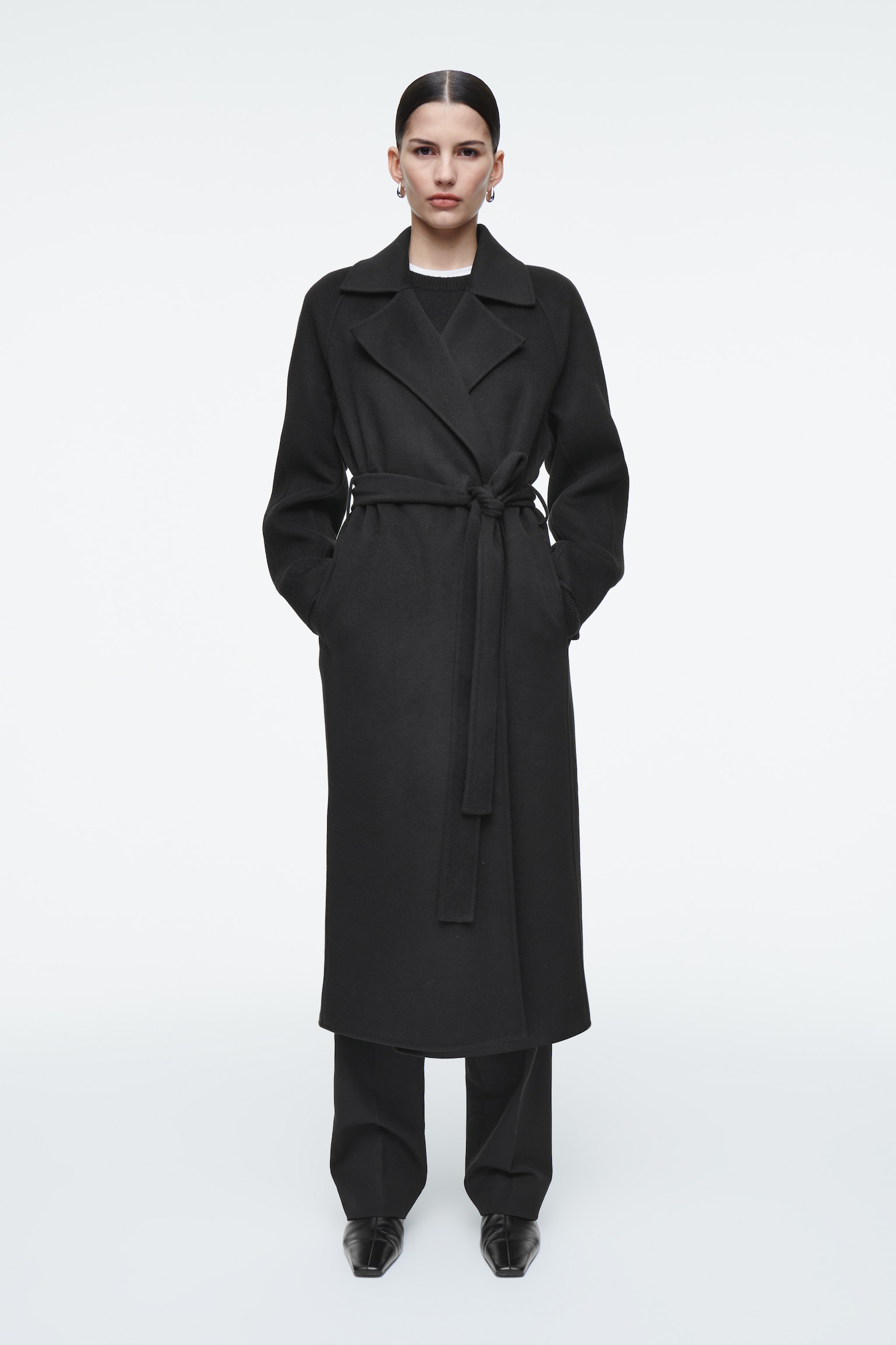 BELTED DOUBLE-FACED WOOL COAT - BLACK/GREY