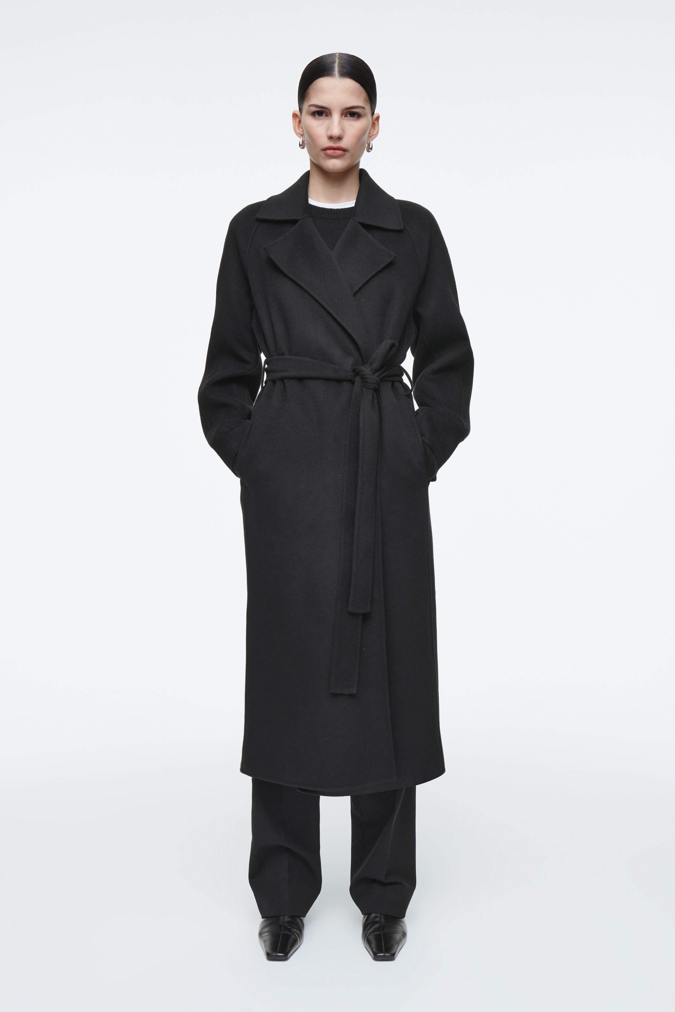 BELTED DOUBLE-FACED WOOL COAT - BLACK | COS