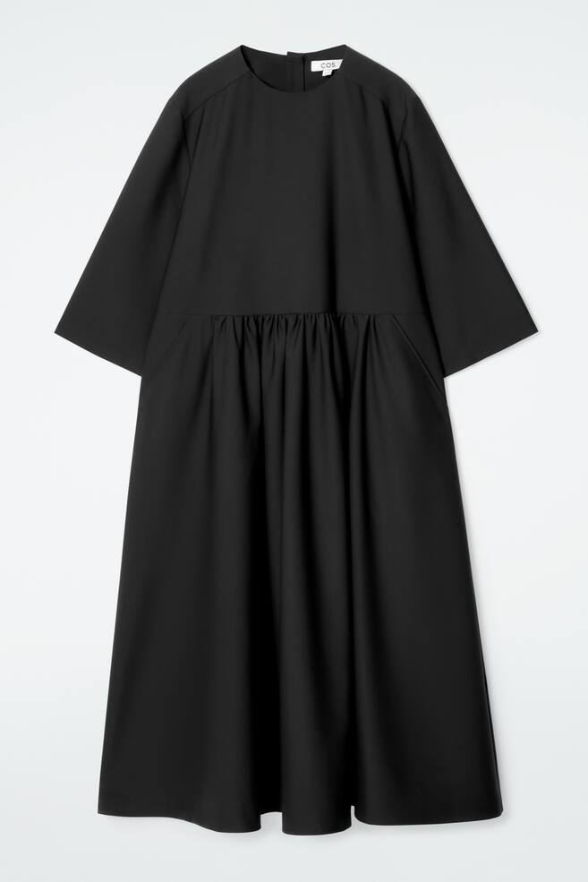 GATHERED WOOL-BLEND MIDI DRESS - BLACK - 1