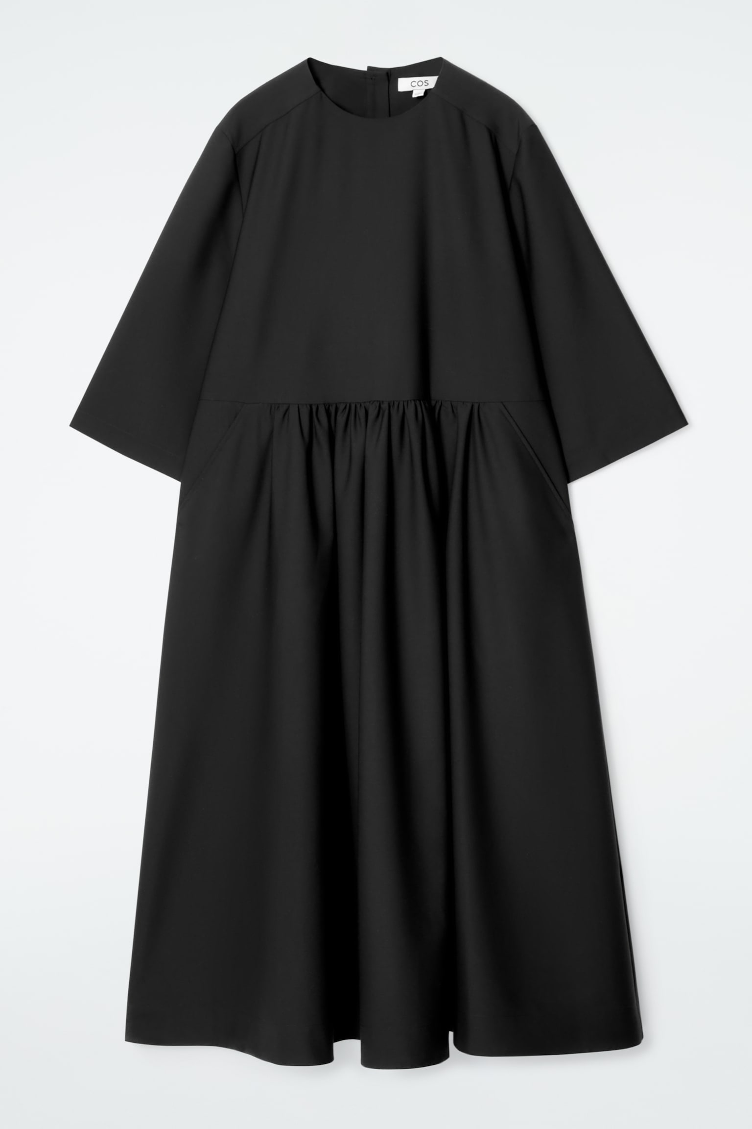 GATHERED WOOL-BLEND MIDI DRESS - BLACK