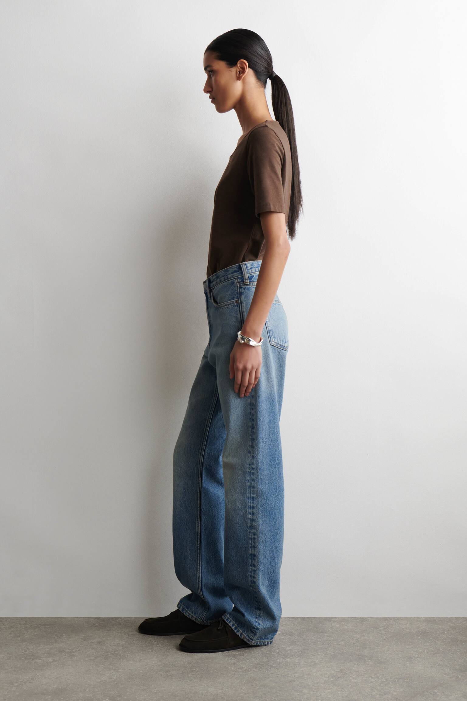 T-SHIRT SLIM IN COTONE CON SCOLLO ROTONDO - MARRONE MÉLANGE/BLU NAVY/AVORIO - 4