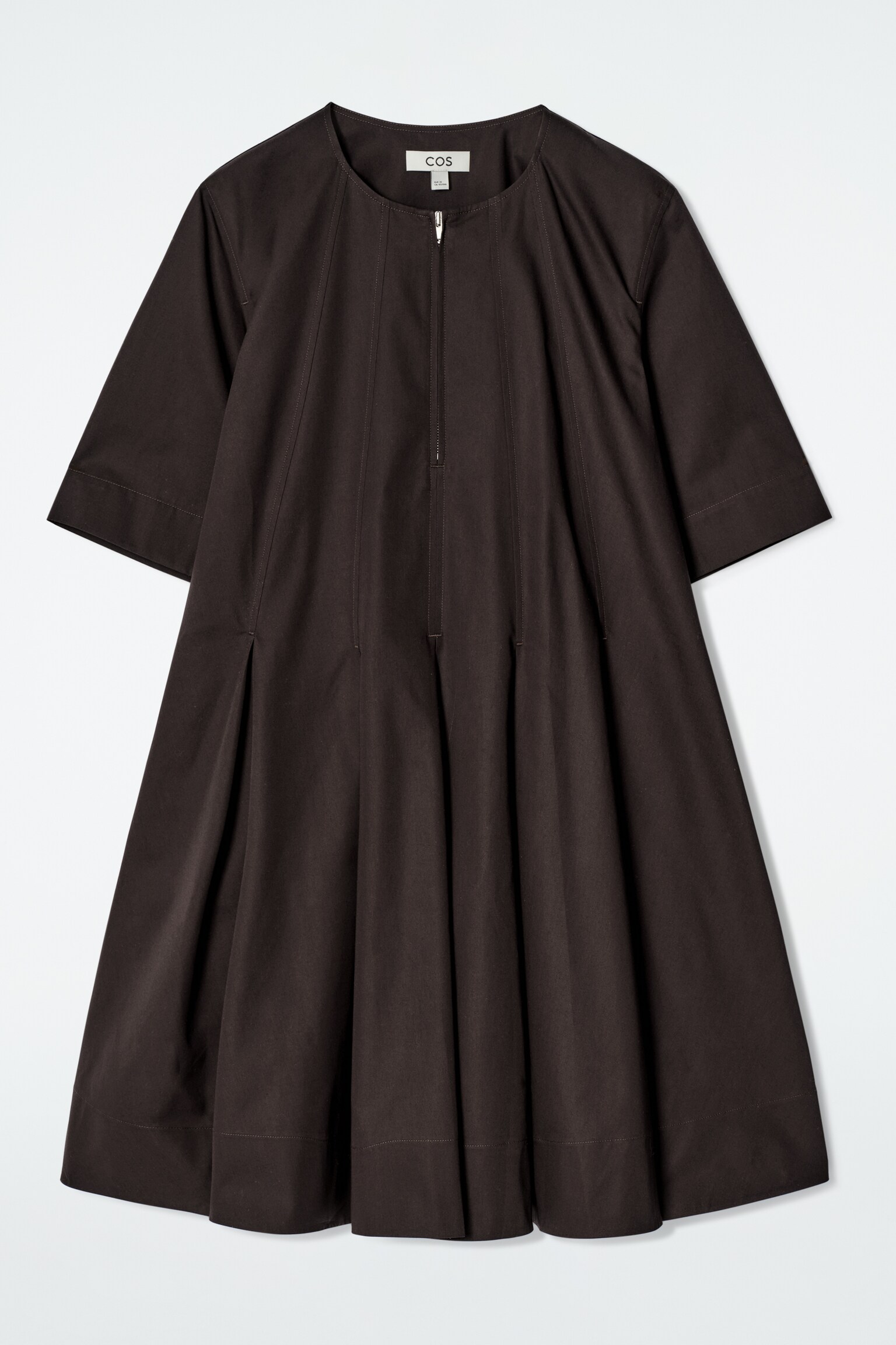 VESTIDO DE ALGODÓN CON TABLAS Y MEDIA CREMALLERA - MARRÓN OSCURO/BLANCO/MARRÓN - 2