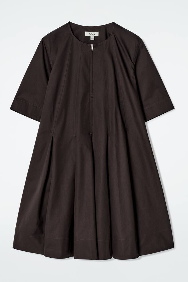 PLEATED ZIP-UP COTTON MINI DRESS - DARK BROWN/WHITE - 1