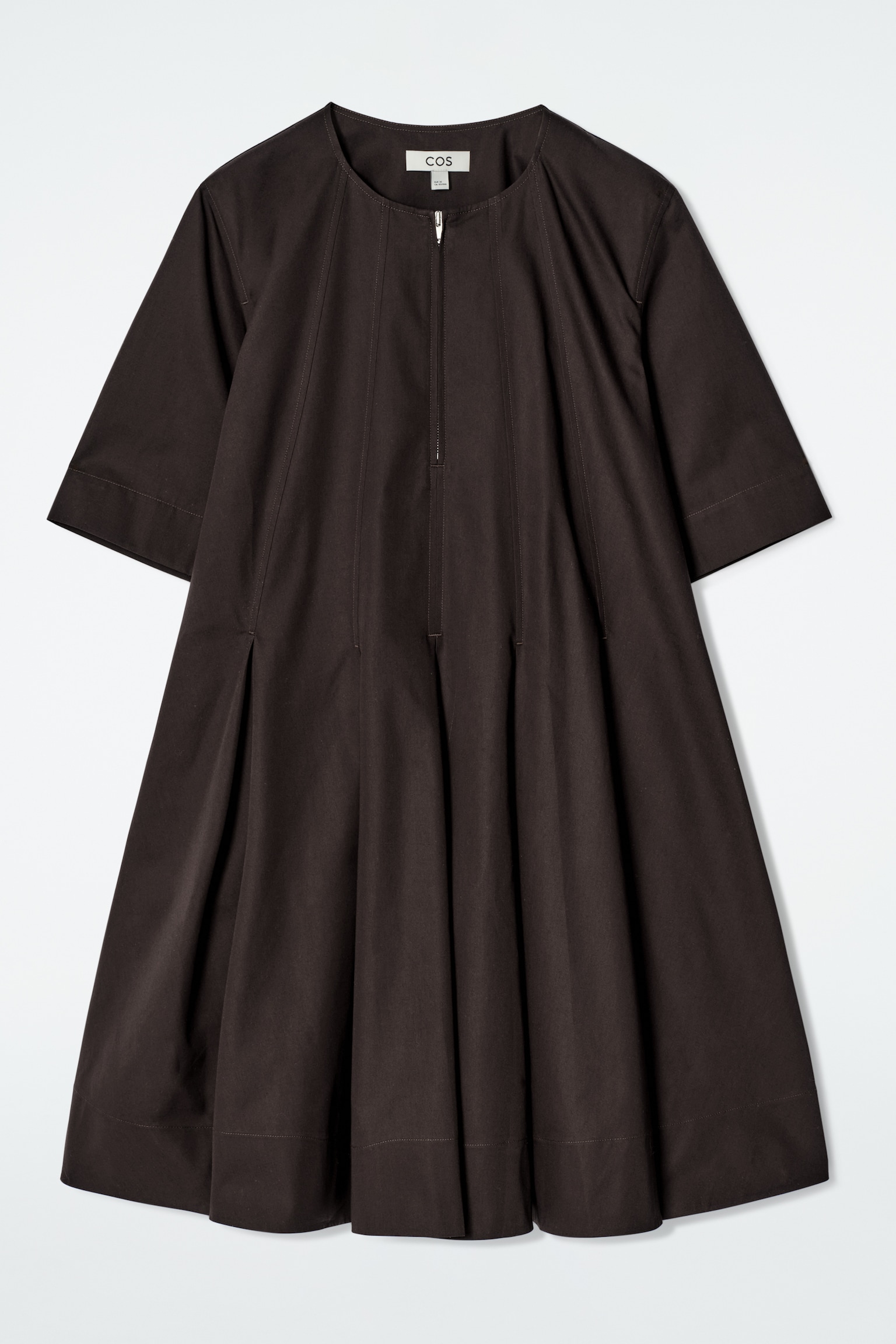 VESTIDO DE ALGODÓN CON TABLAS Y MEDIA CREMALLERA - MARRÓN OSCURO/BLANCO/MARRÓN - 2