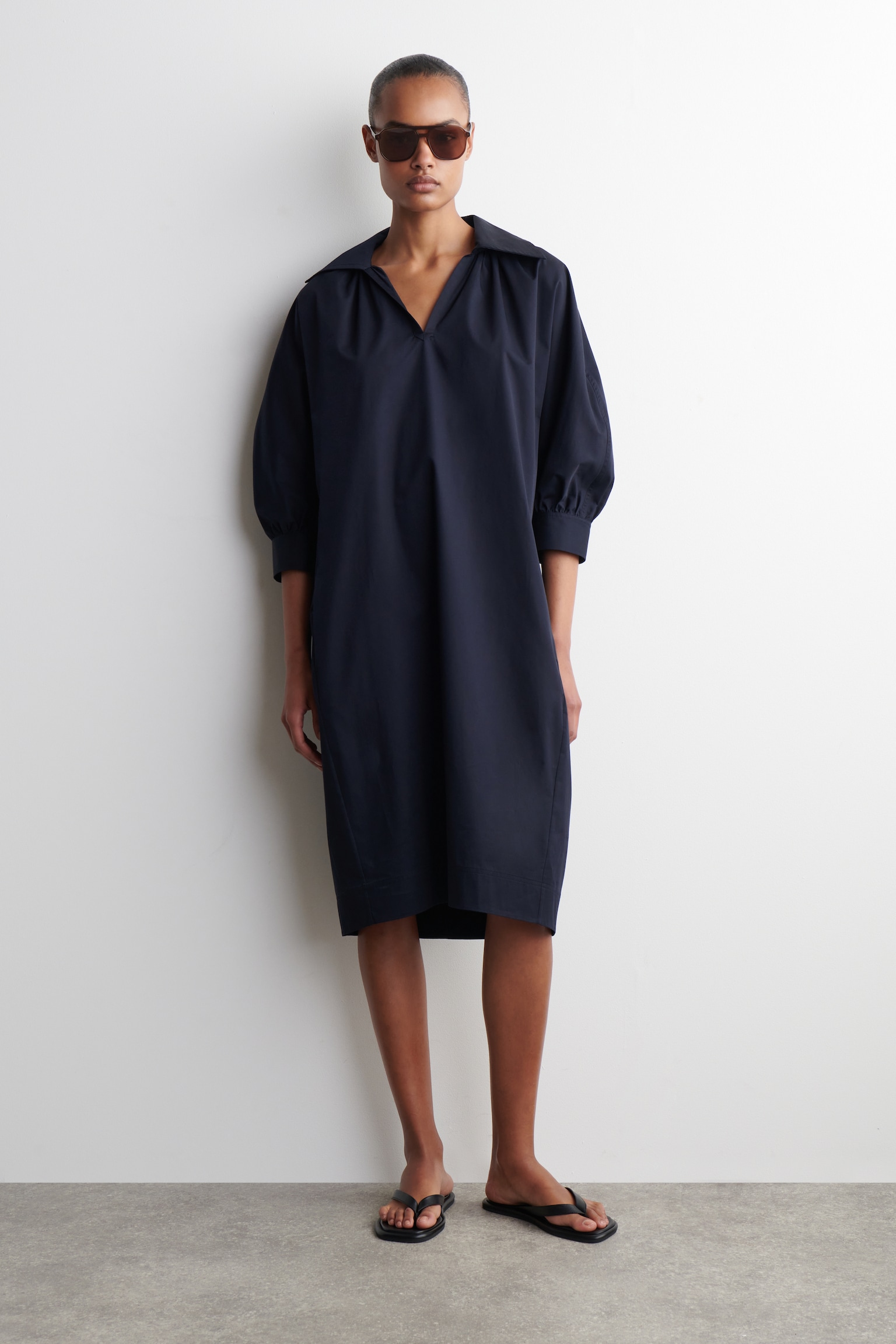 VESTIDO CAMISERO MIDI DE ALGODÓN - AZUL MARINO