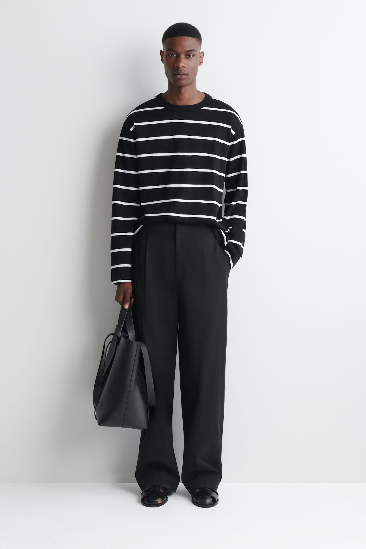 RELAXED JERSEY INTERLOCK LONG-SLEEVED T-SHIRT — BLACK / WHITE / STRIPED