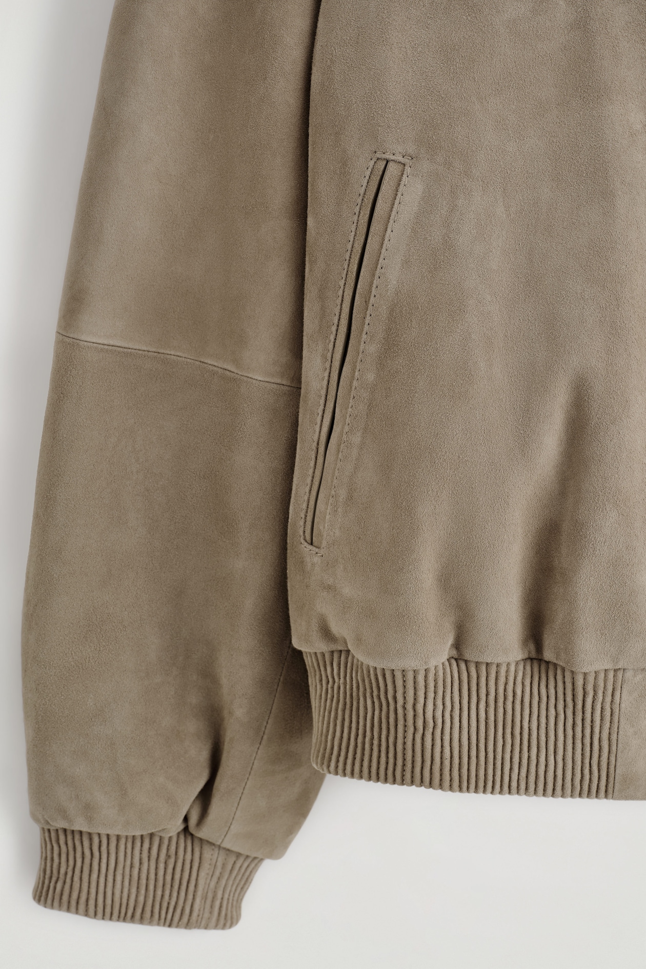 SHAWL-COLLAR SUEDE BOMBER JACKET — BEIGE