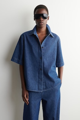 BOXY SHORT-SLEEVED DENIM SHIRT — DARK BLUE 1