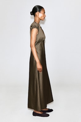 EMBROIDERED SATIN MIDI DRESS — BROWN 3