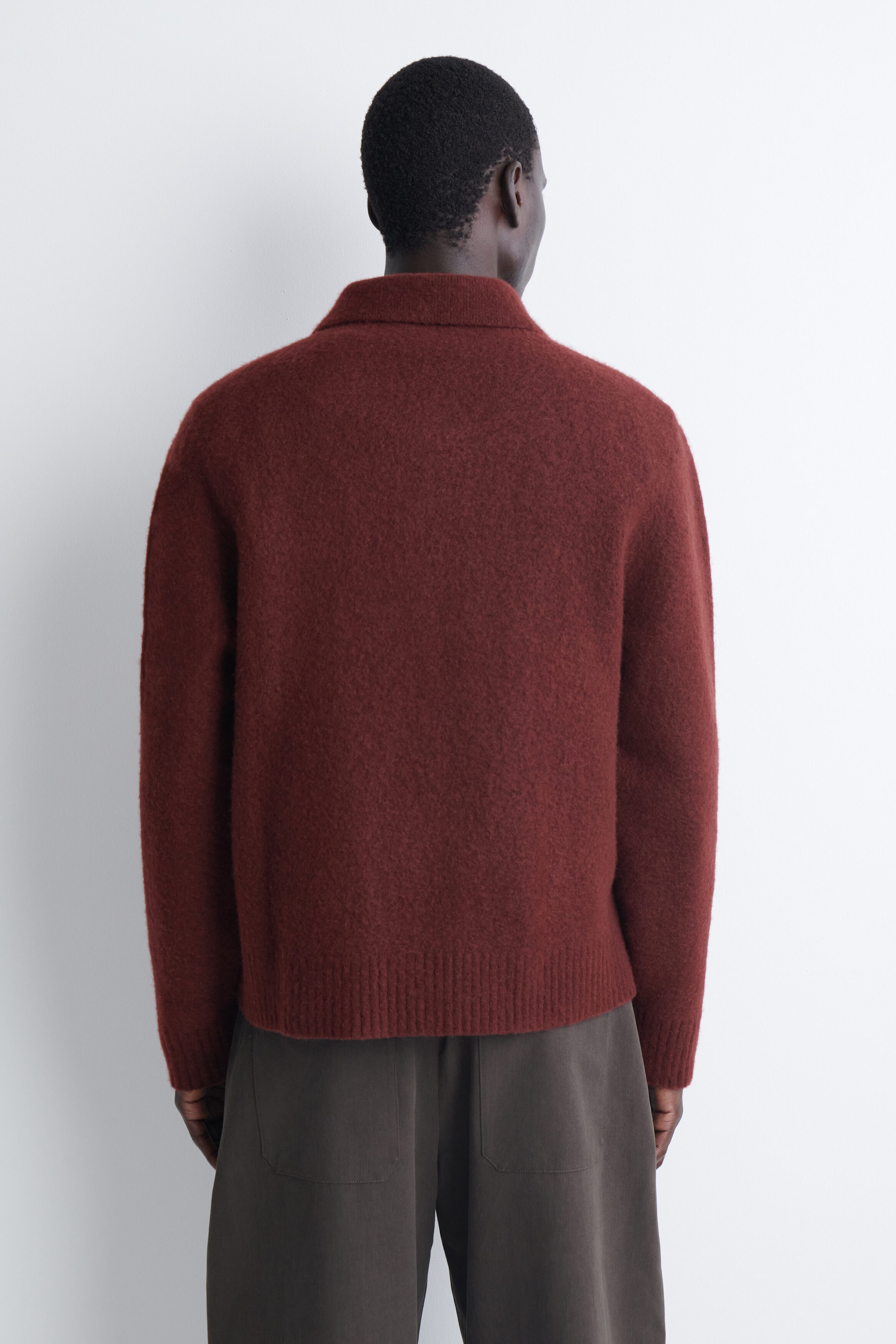 The brushed-wool polo shirt is shown from the back, highlighting its soft, fuzzy texture in a rich rust-red color and relaxed fit. The long-sleeve shirt features a classic polo collar, ribbed cuffs, and a matching ribbed hem. The brushed-wool polo shirt is shown from the back, highlighting its soft, fuzzy texture in a rich rust-red color and relaxed fit. The long-sleeve shirt features a classic polo collar, ribbed cuffs, and a matching ribbed hem.