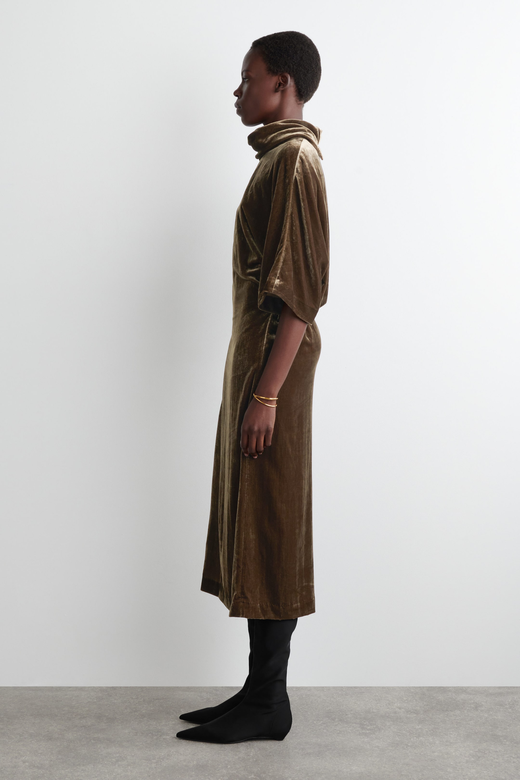 DRAPED-NECK VELVET MIDI DRESS