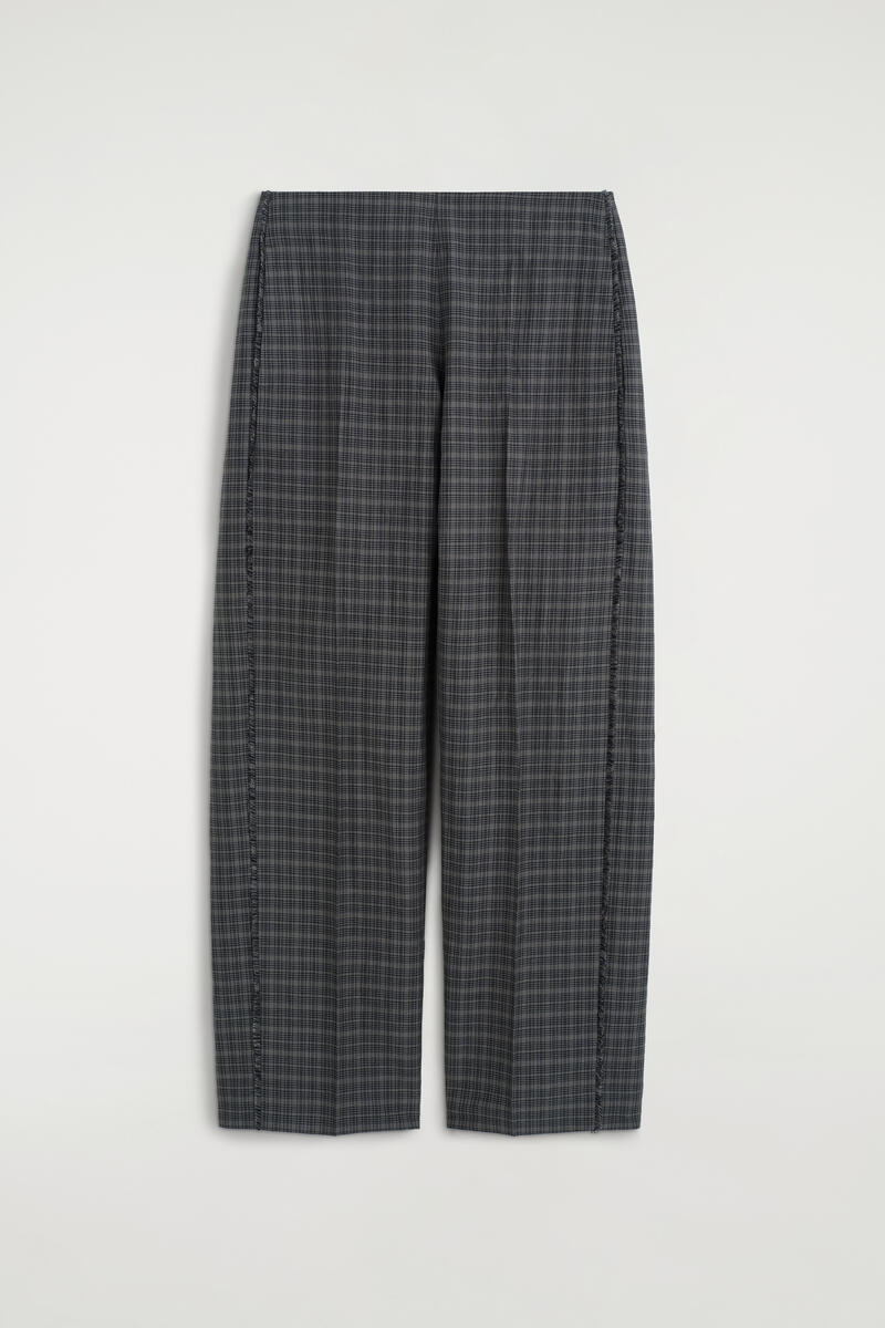 Fringed Checked Linen-Cotton Pants in Gray