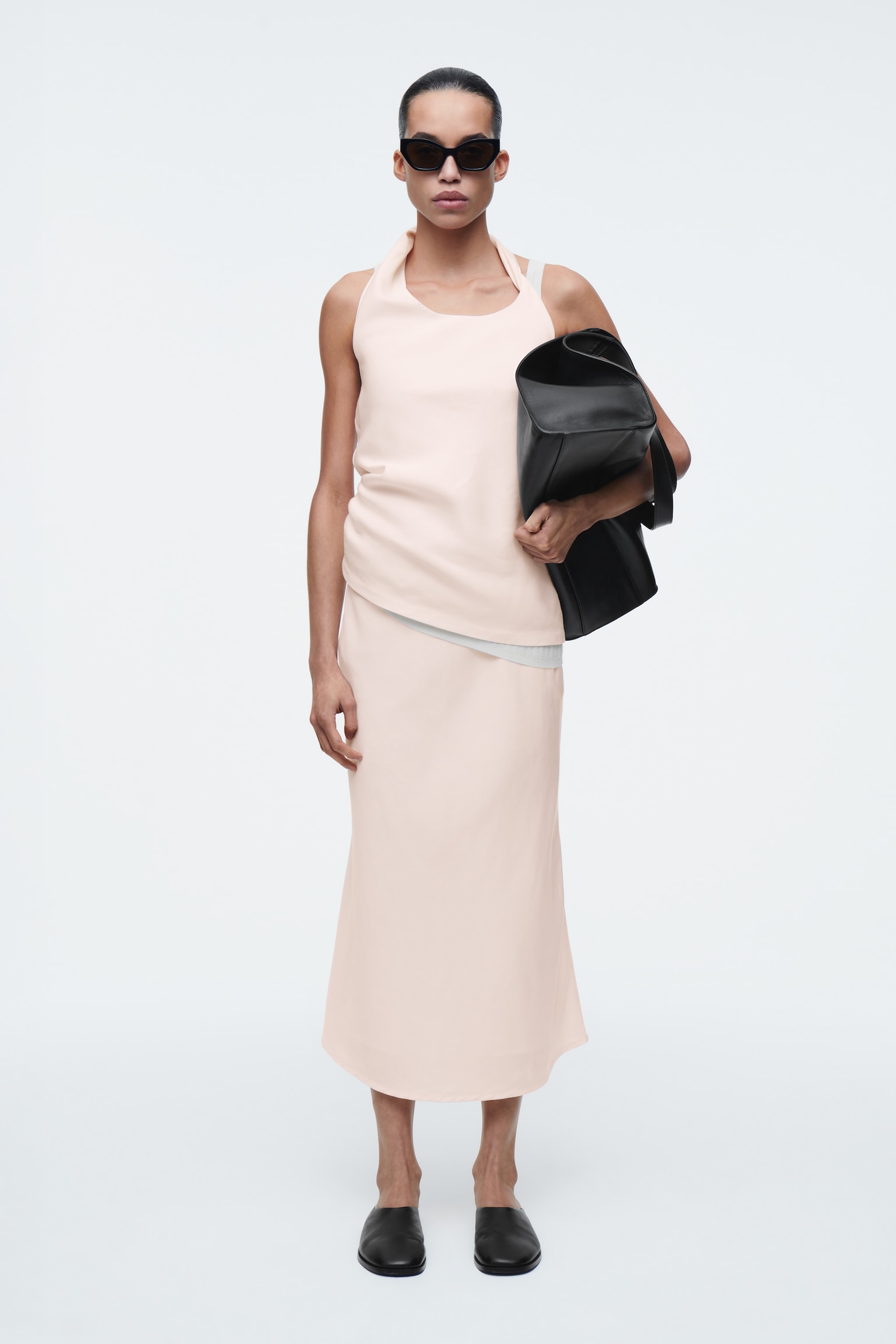 LINEN-BLEND MIDI COLUMN SKIRT - LIGHT PINK/BLACK