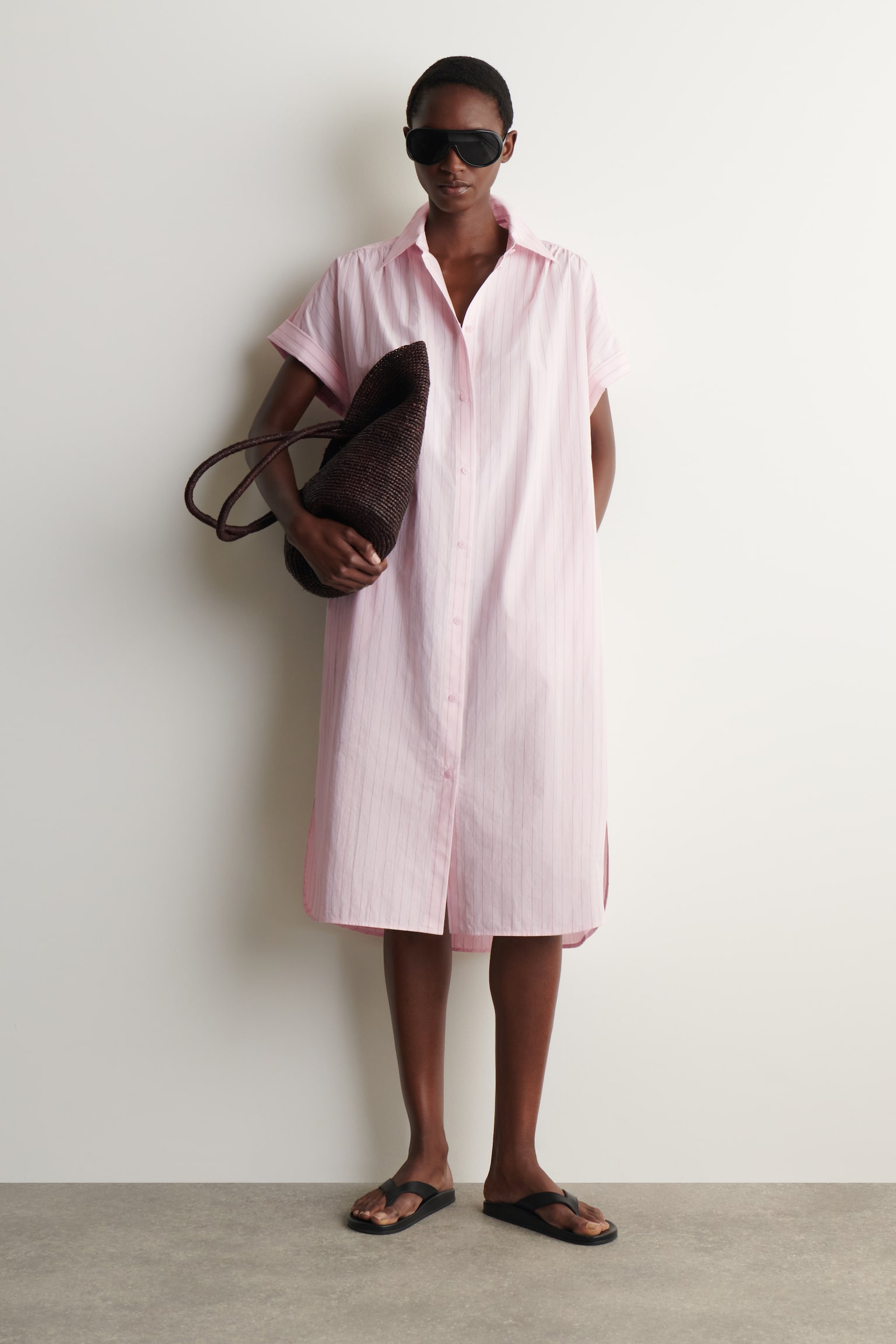 שמלת חולצה מכותנה עם שרוולים קצרים ופסים - PINK / STRIPED/כחול / פסים - 1