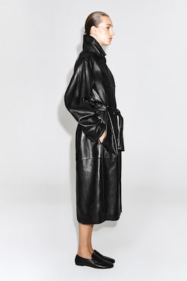 OVERSIZED BELTED LEATHER LONG COAT — BLACK 4