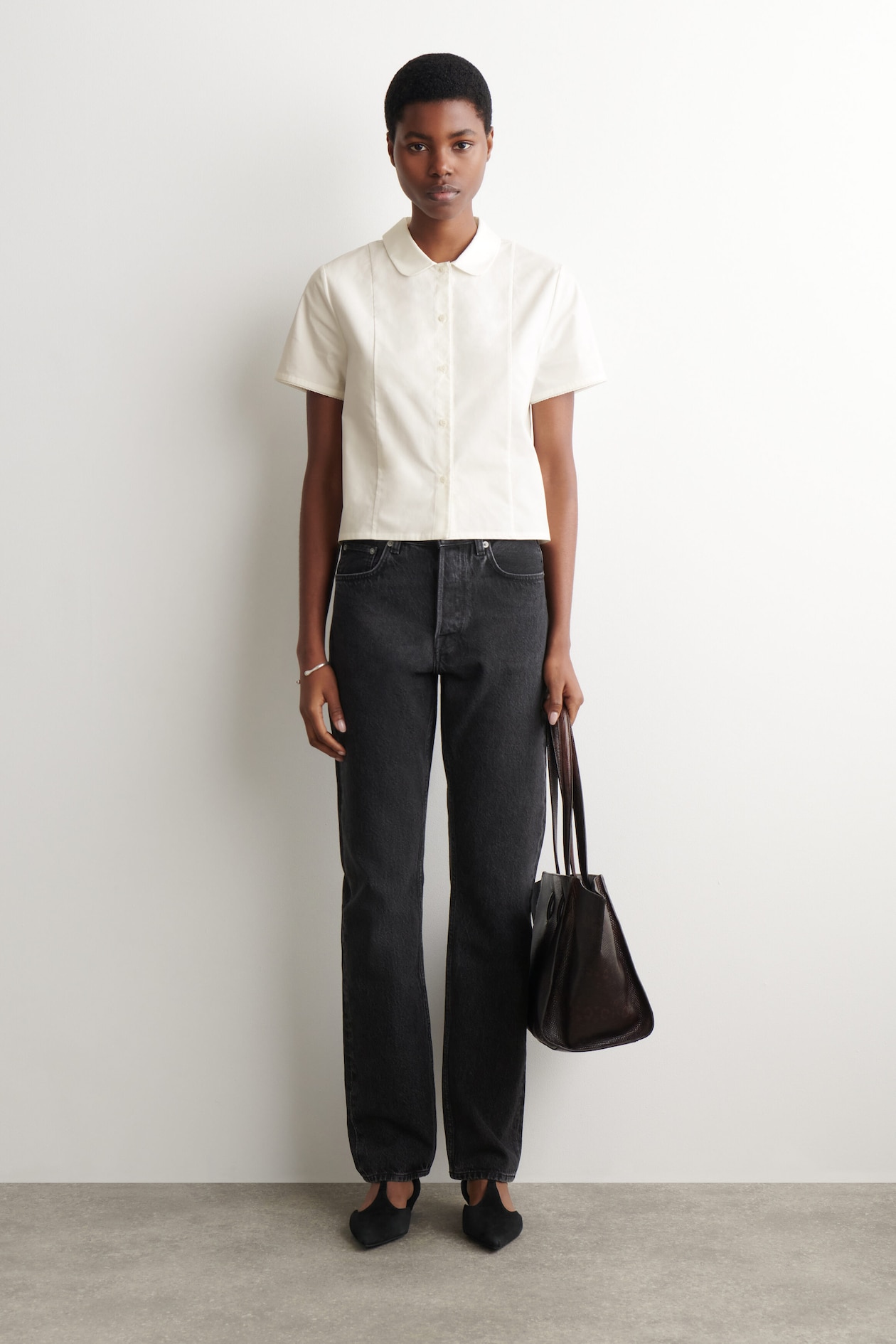 CURVED-COLLAR COTTON-POPLIN SHIRT — WHITE