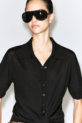 TIE-FRONT KNITTED WOOL SHIRT — BLACK 6