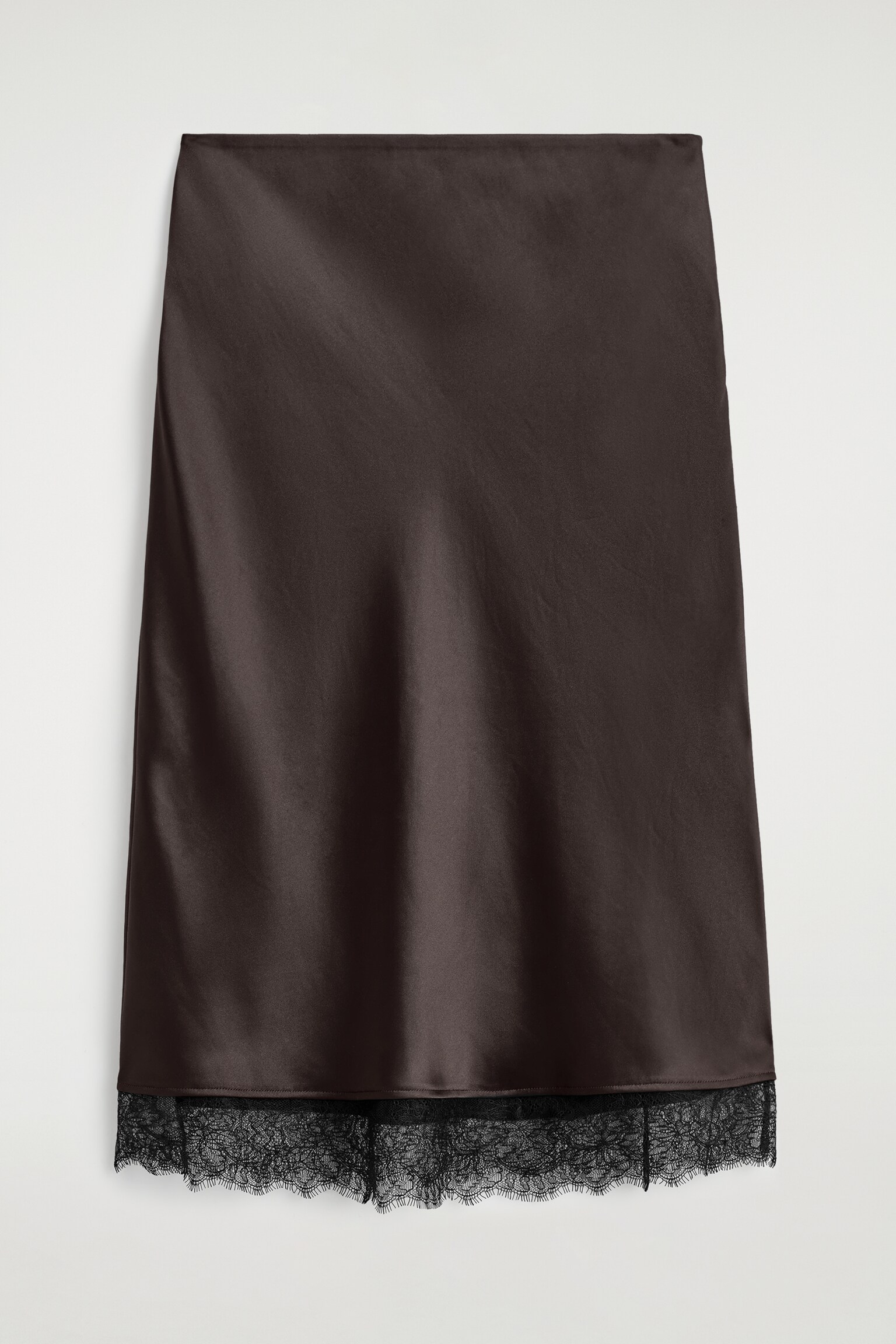 LACE-TRIMMED SATIN MIDI SKIRT - BROWN - 2
