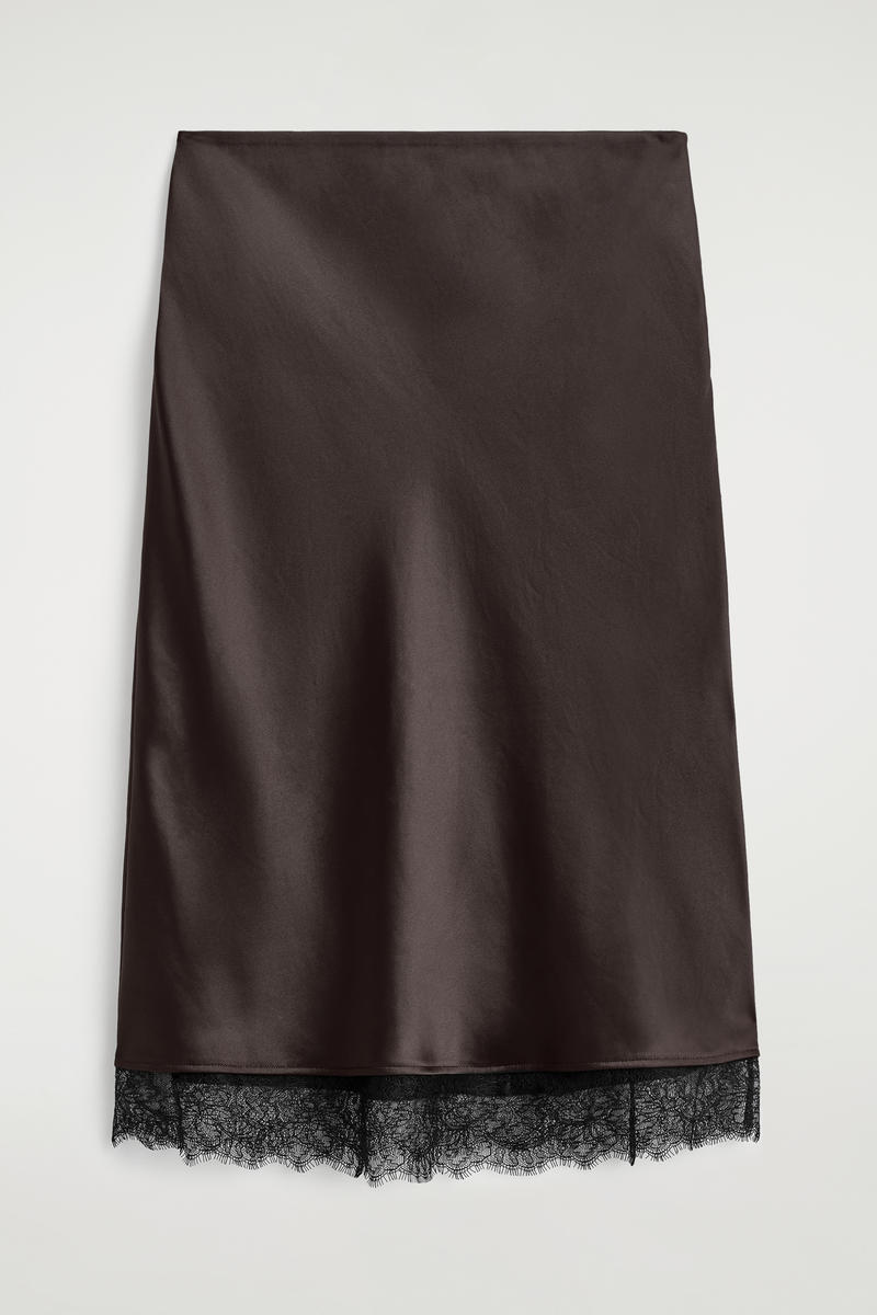 Cos Lace-trimmed Satin Midi Skirt In Brown