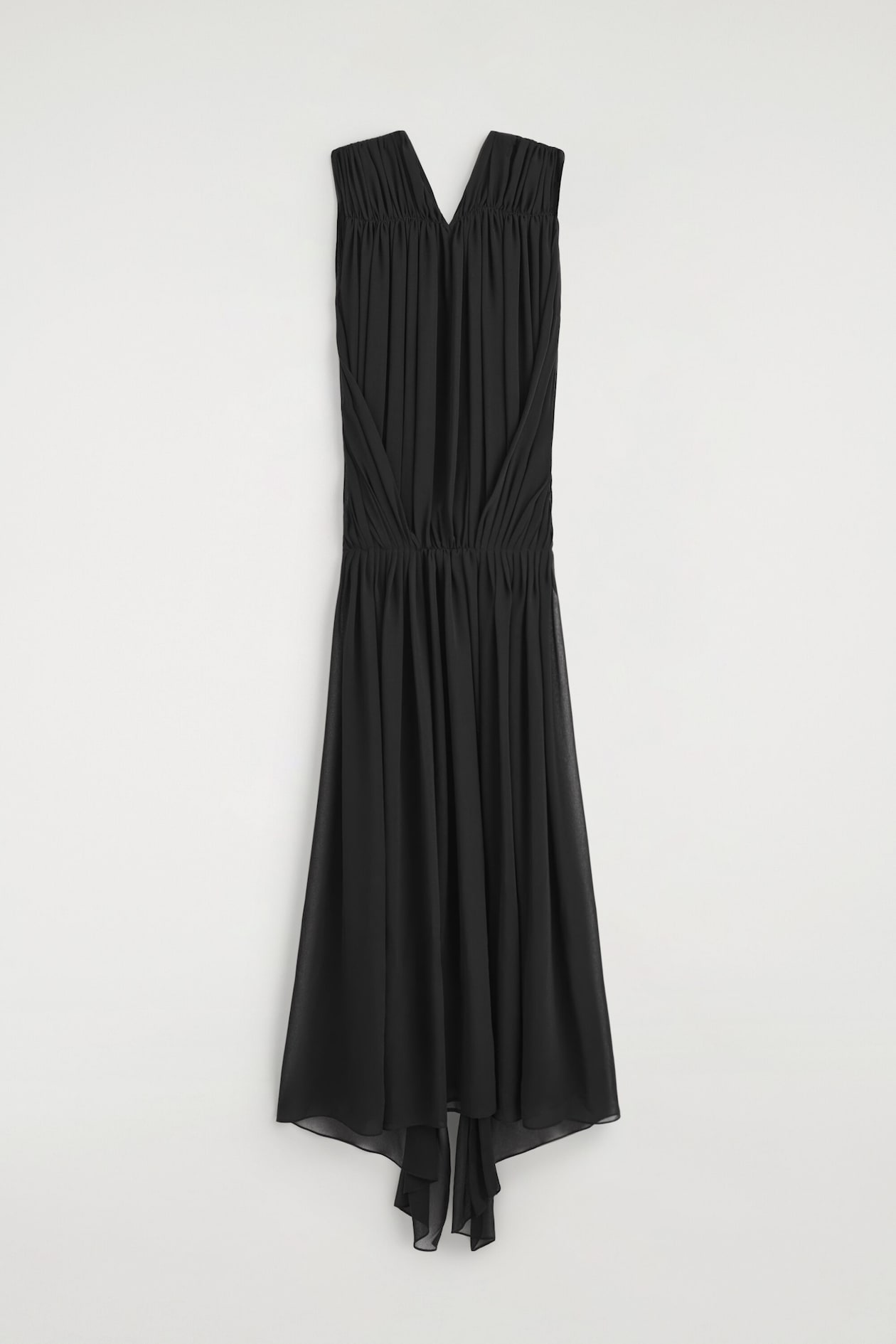DRAPED GATHERED CHIFFON MAXI DRESS — CARBON