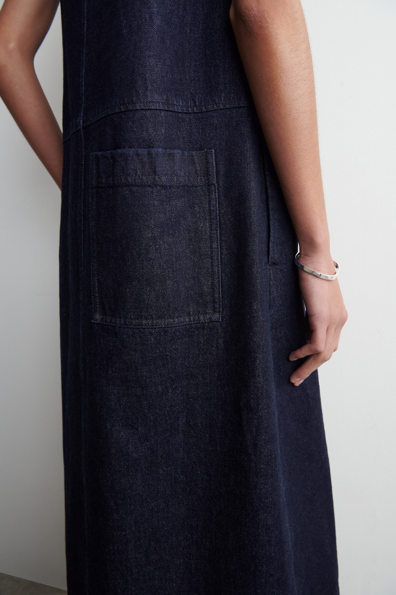 A-LINE DENIM MIDI DRESS — INDIGO