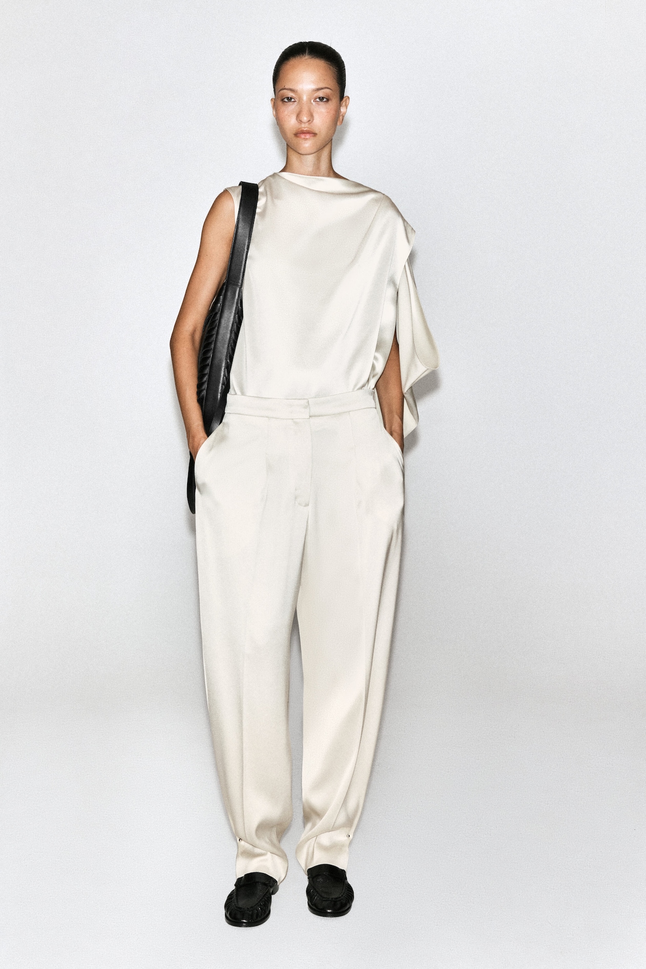 TAILORED MATTE-SATIN BARREL-LEG PANTS — OYSTER
