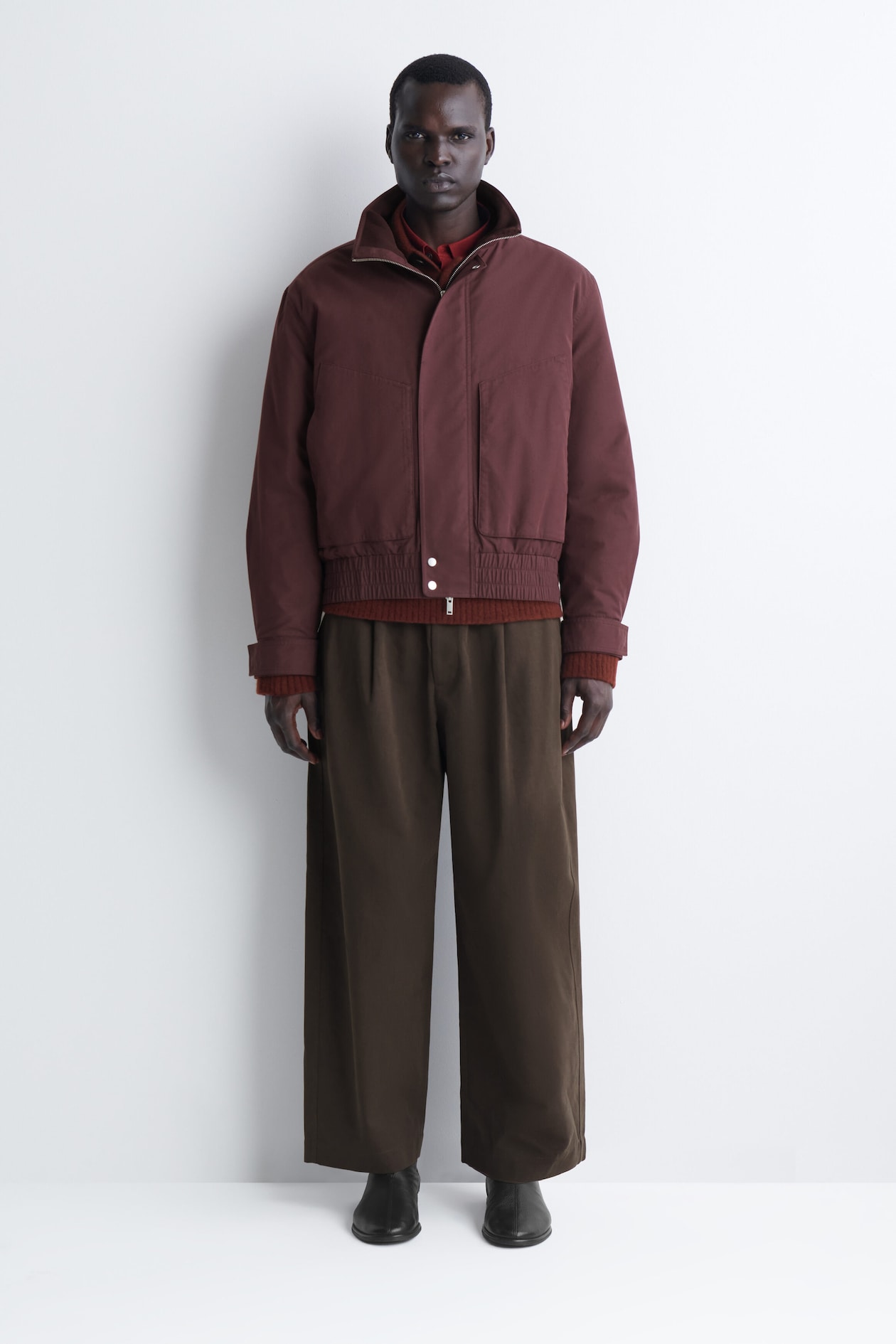 PADDED MOCK-NECK BOMBER JACKET — BURGUNDY