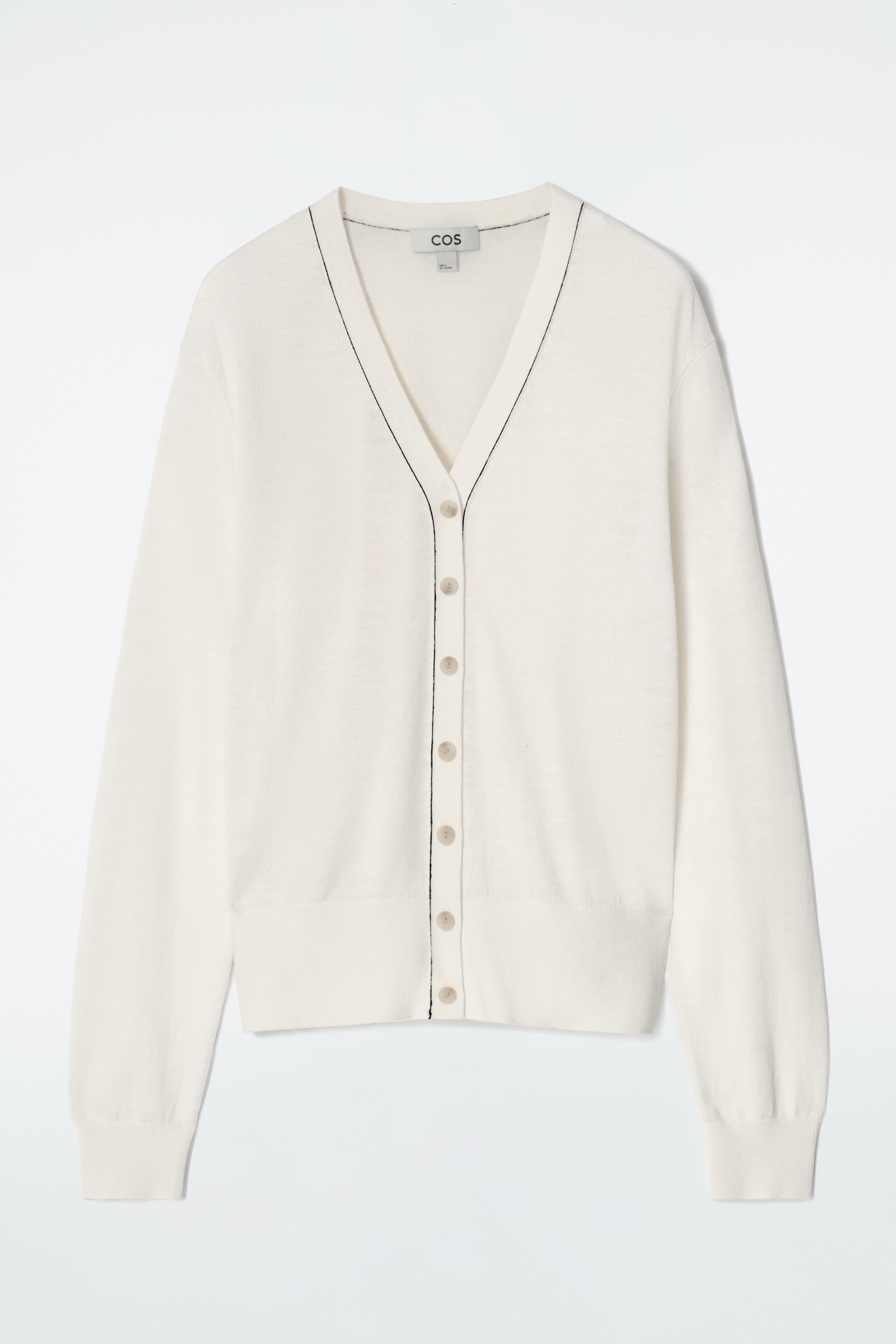 CARDIGAN COL EN V EN MAILLE DE LAINE MÉRINOS-LIN - ÉCRU/NOIR