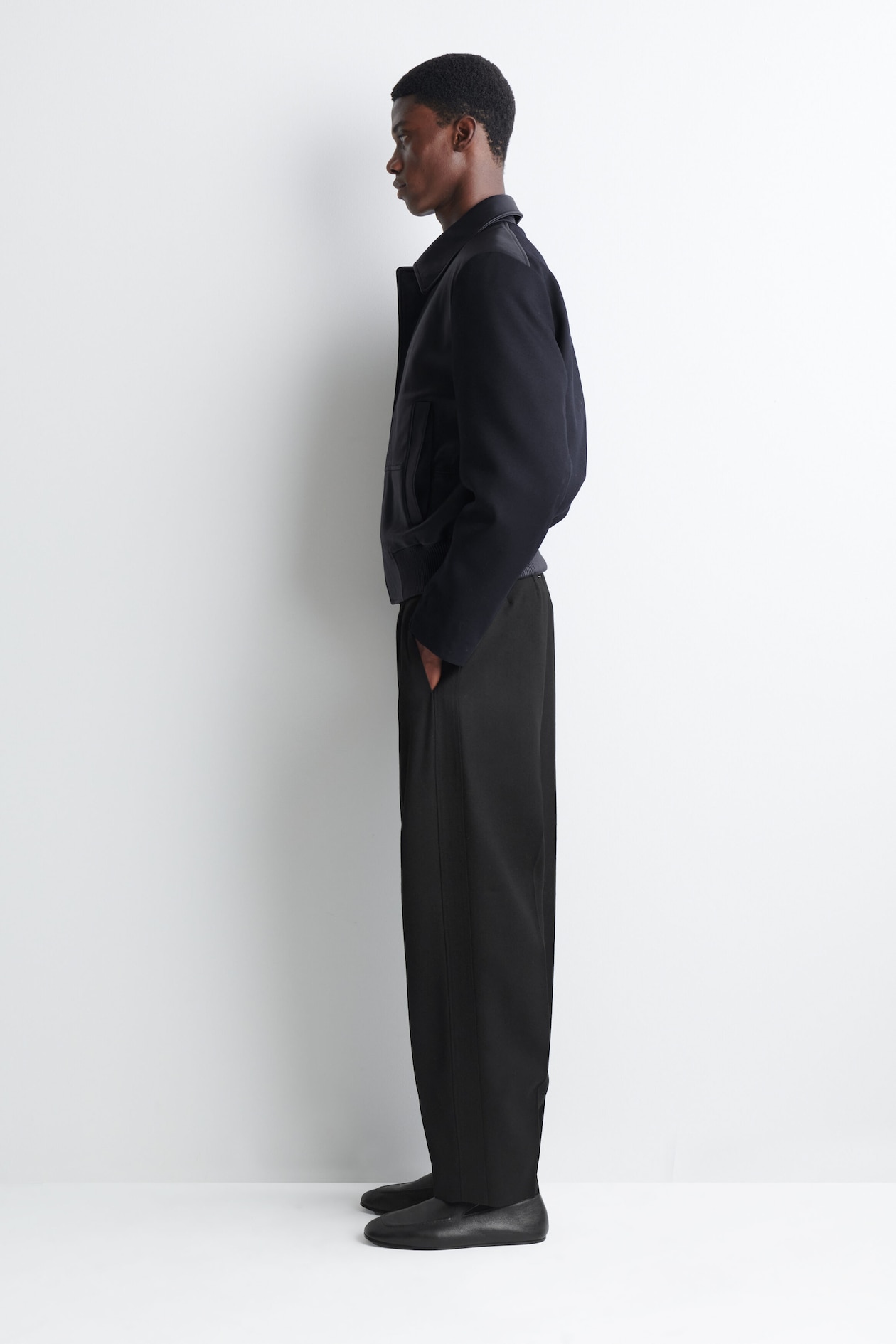 LEATHER-PANELED WOOL BOMBER JACKET — MIDNIGHT