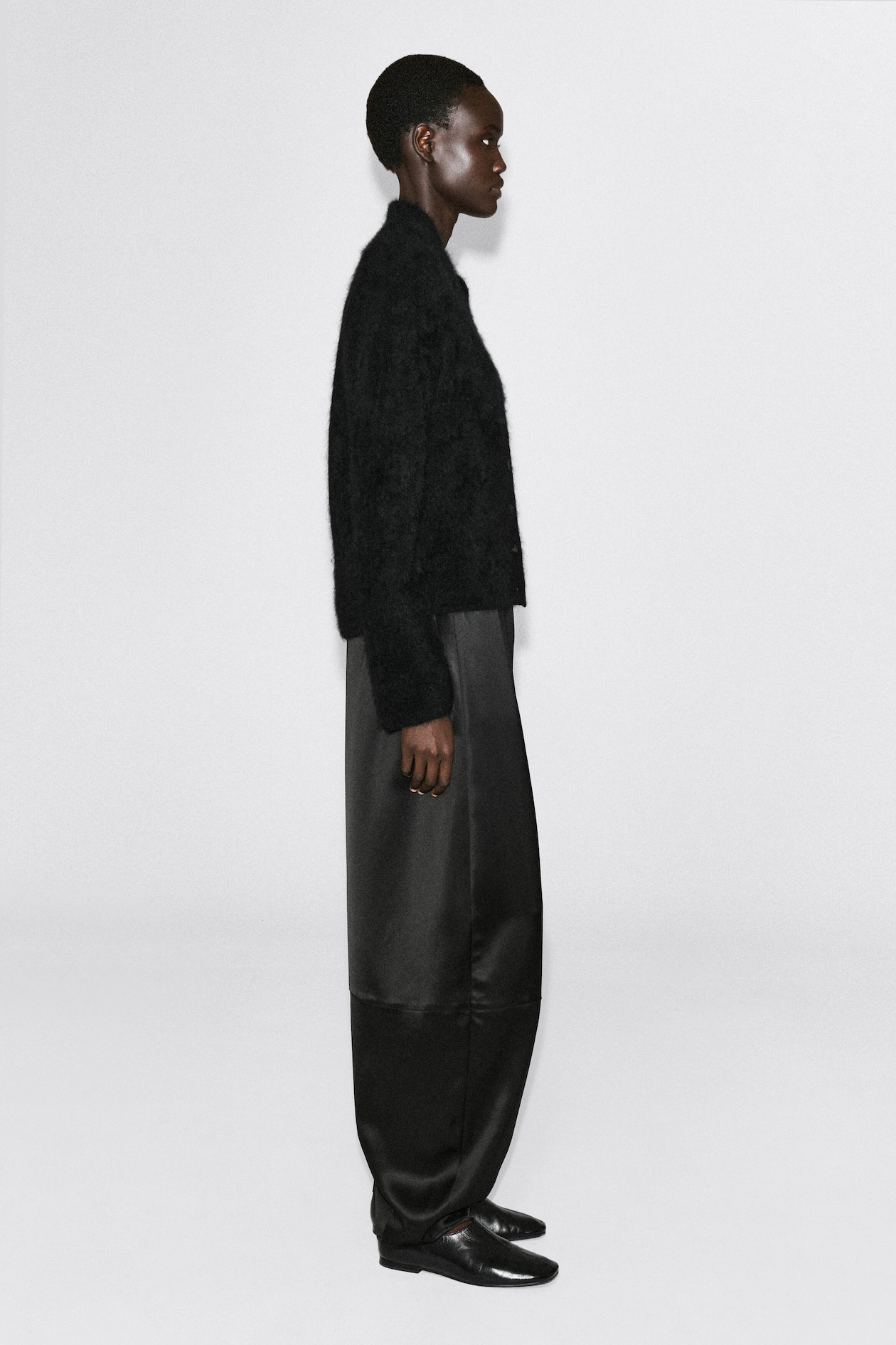 DRAPED BRUSHED MERINO WOOL CARDIGAN — BLACK
