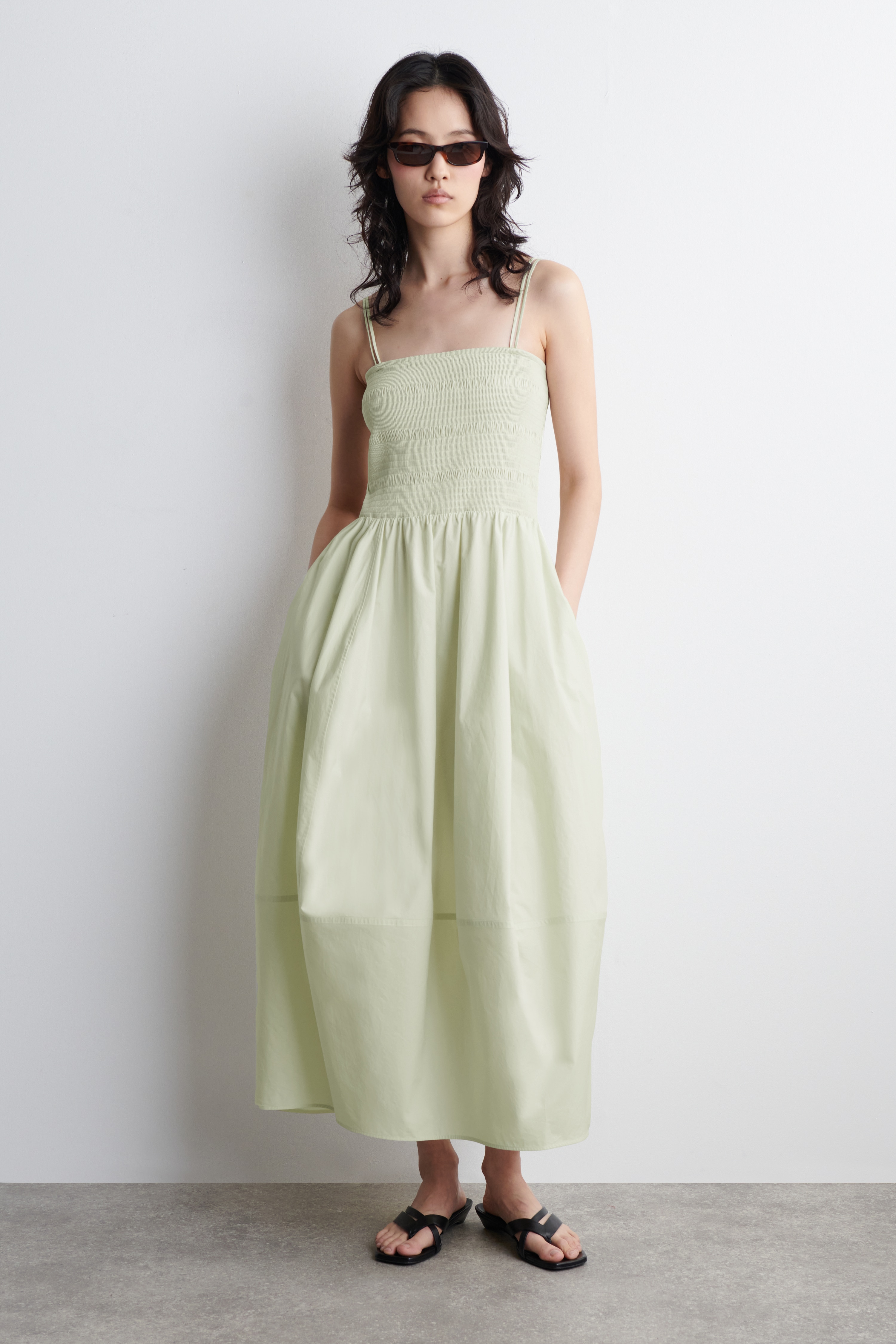 ROCHIE MIDI CU SMOCKING - VERDE DESCHIS/ROZ/BLEUMARIN