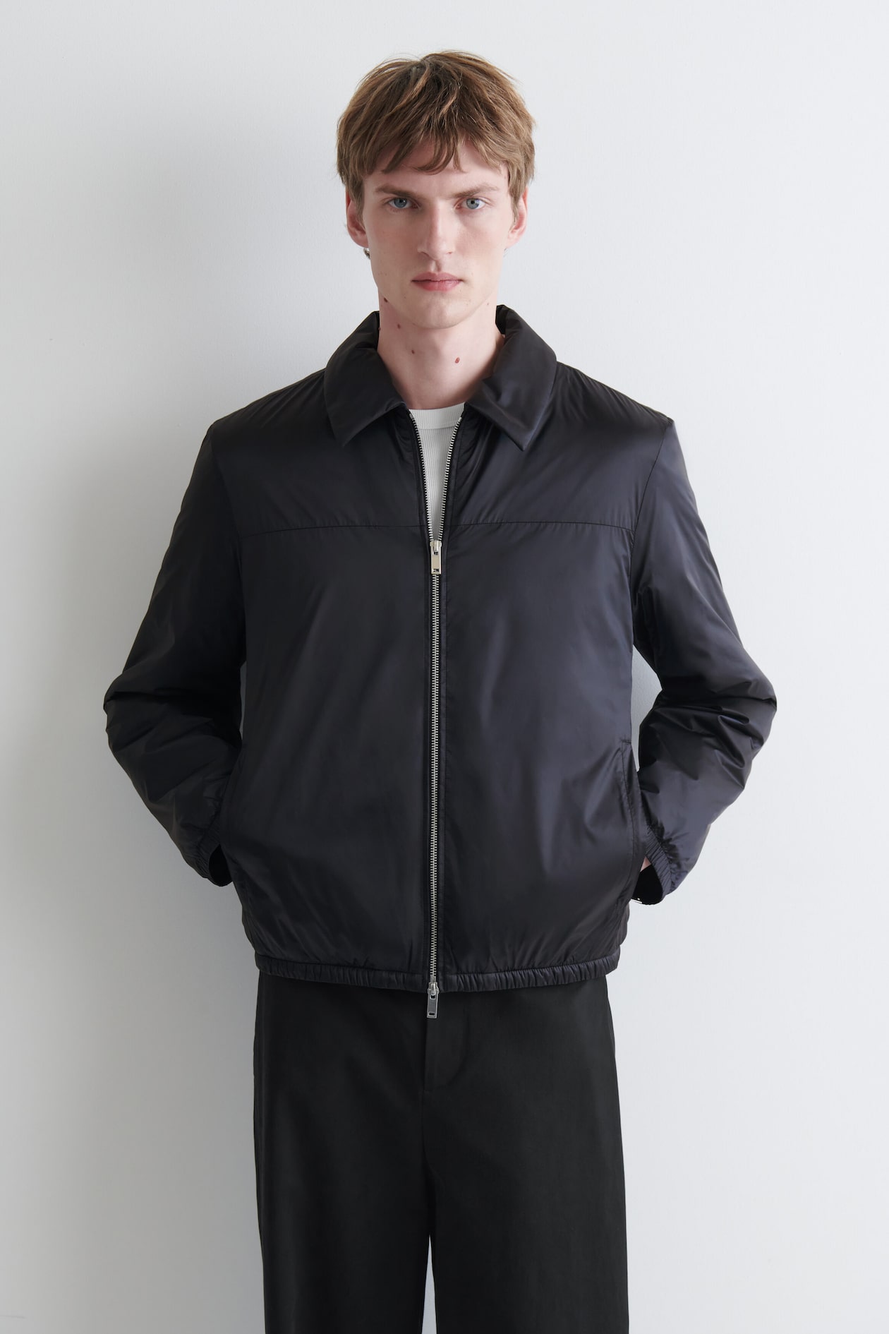 PADDED NYLON ZIP-UP BOMBER JACKET — NAVY