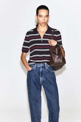 MERINO WOOL ZIP-UP POLO SHIRT — NAVY / RED / STRIPED 1