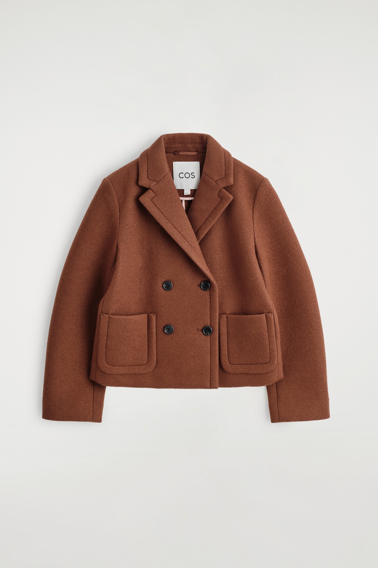 CROPPED DOUBLE-BREASTED WOOL BLAZER — BROWN