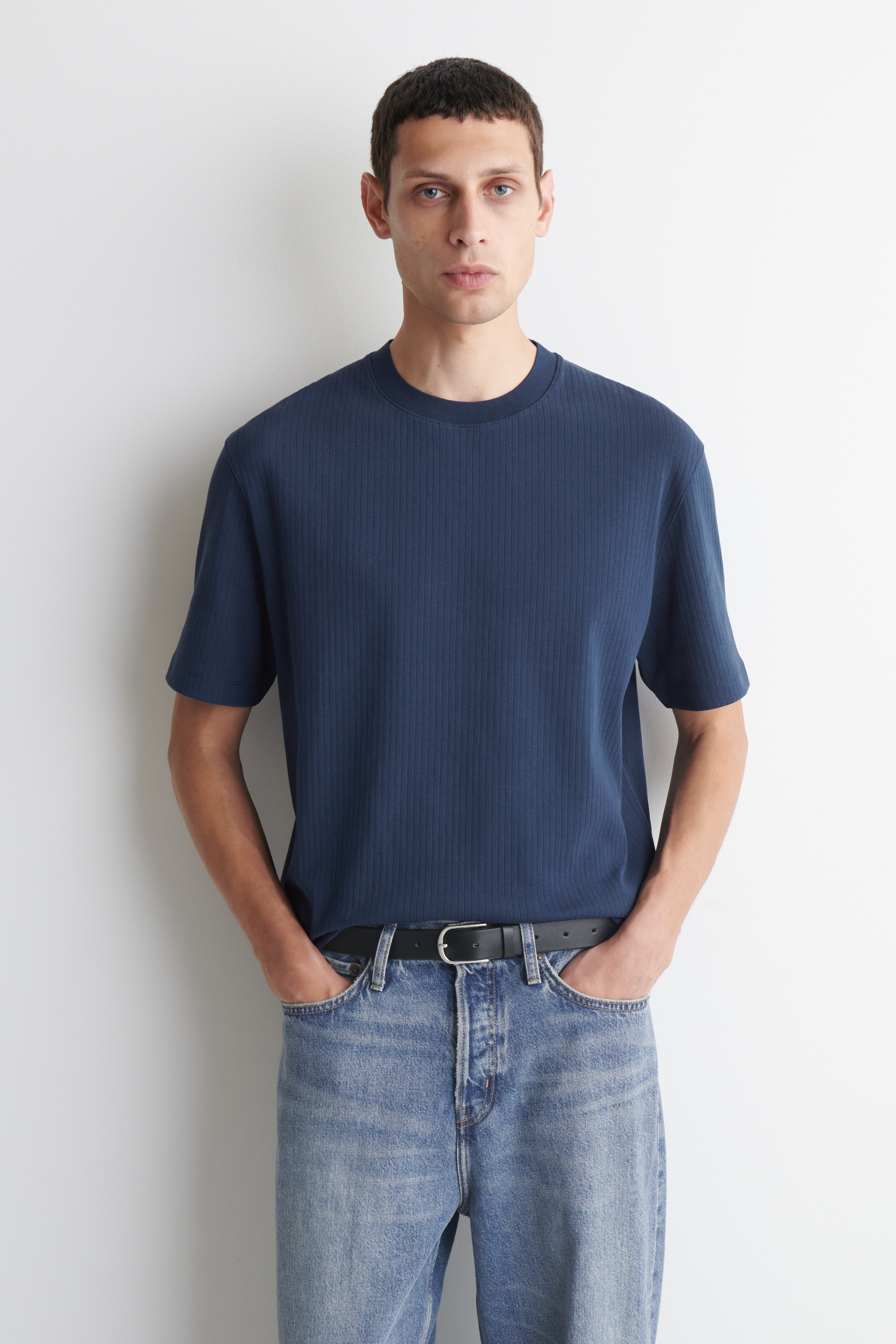 T-SHIRT IN JERSEY A COSTE - BLU NAVY/BIANCO
