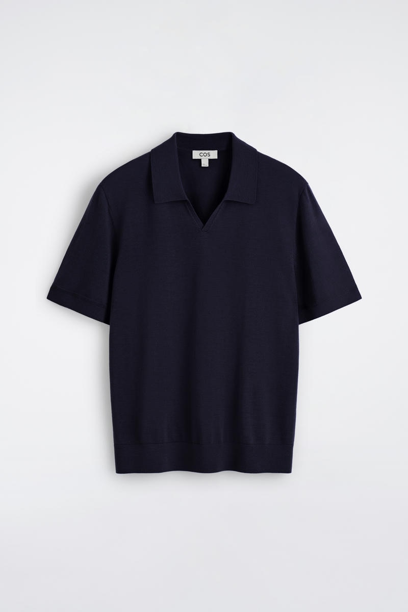 Open-Collar Merino Wool Polo Shirt in Navy