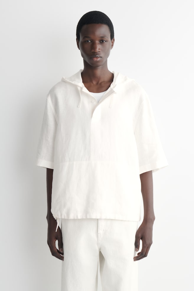 CAMICIA POPOVER IN LINO CON CAPPUCCIO E COULISSE - BIANCO - 1