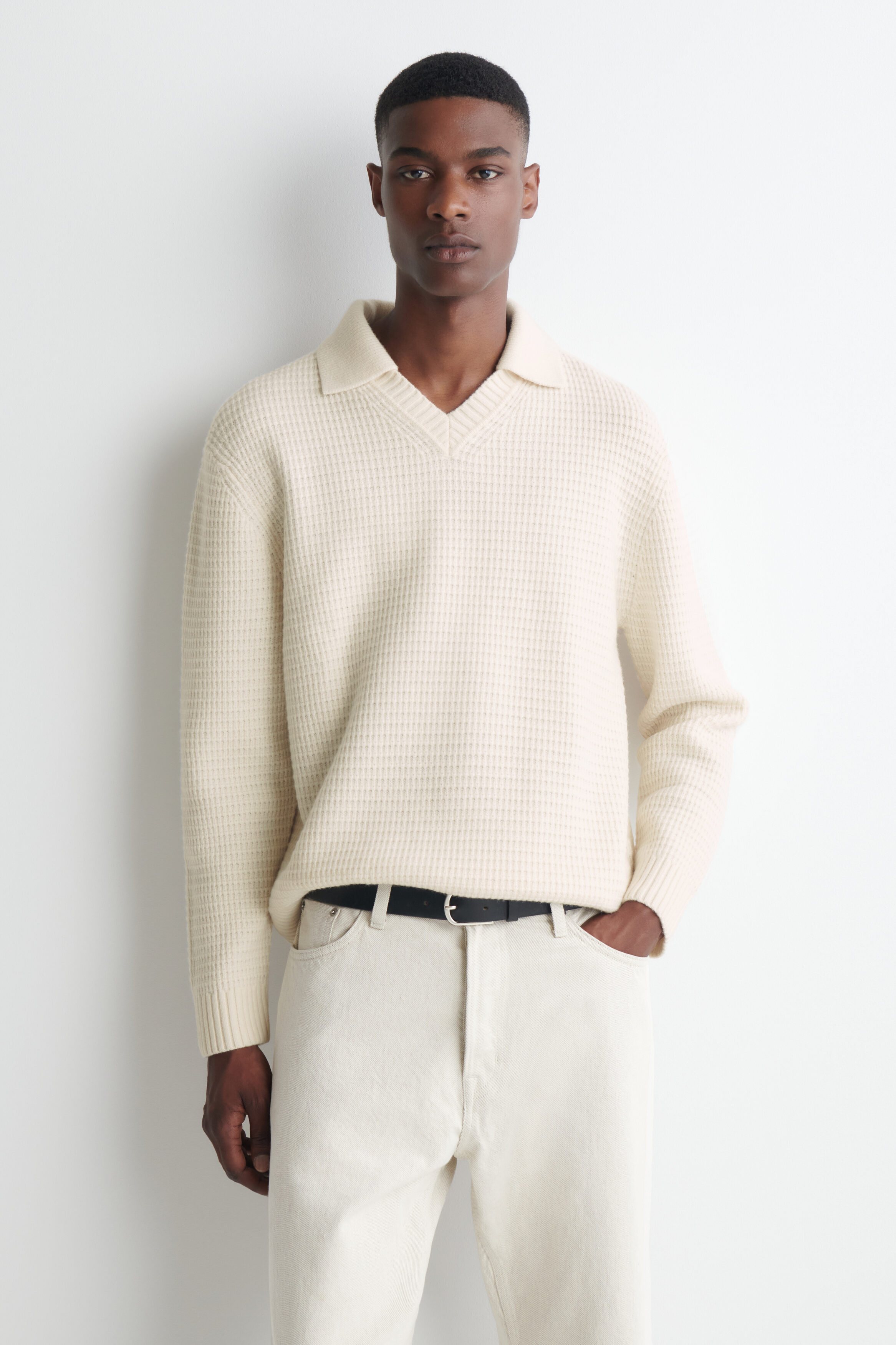 WAFFLE-KNIT WOOL POLO SWEATER - CREAM | COS US