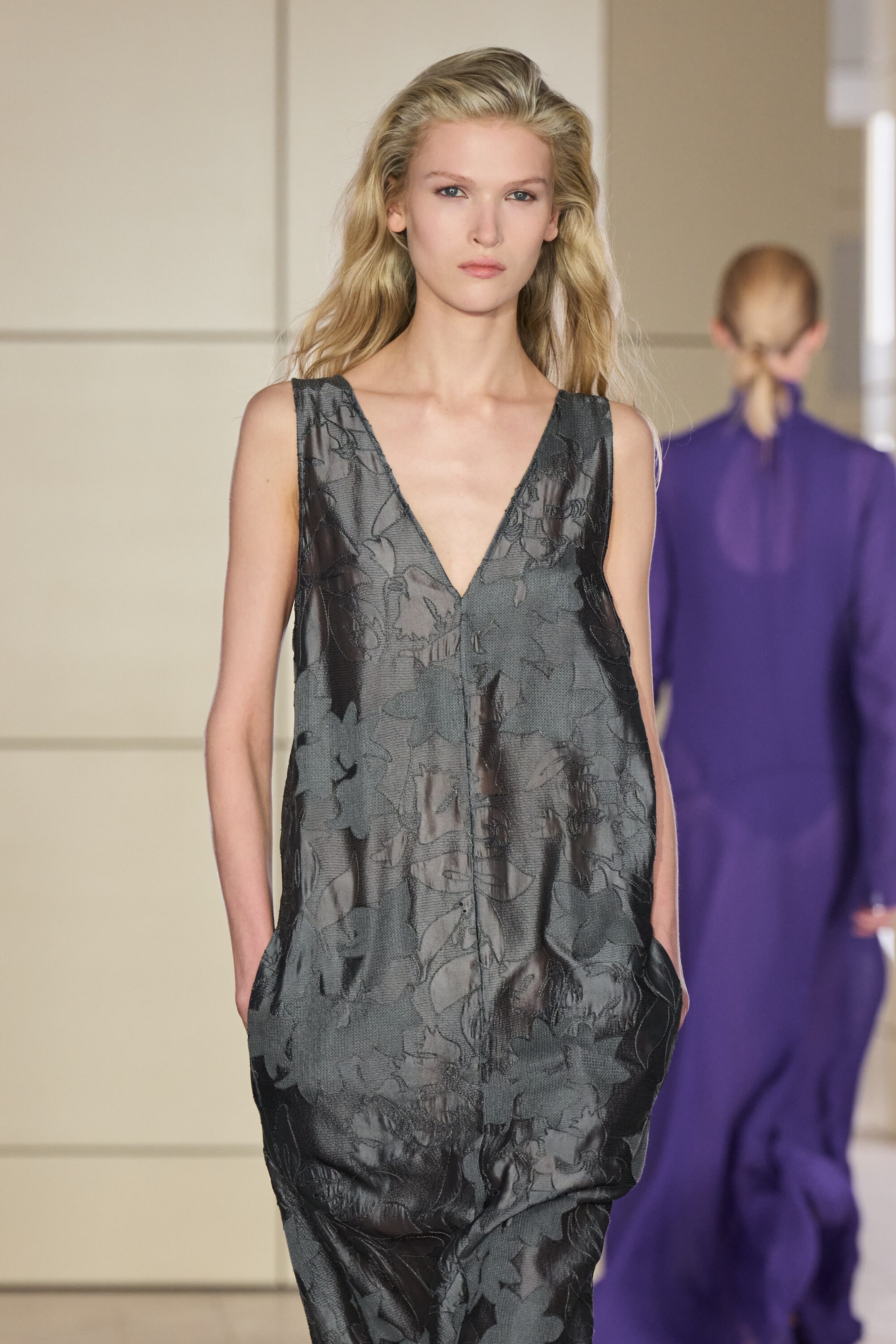 EMBROIDERED SHEER V-NECK DRESS