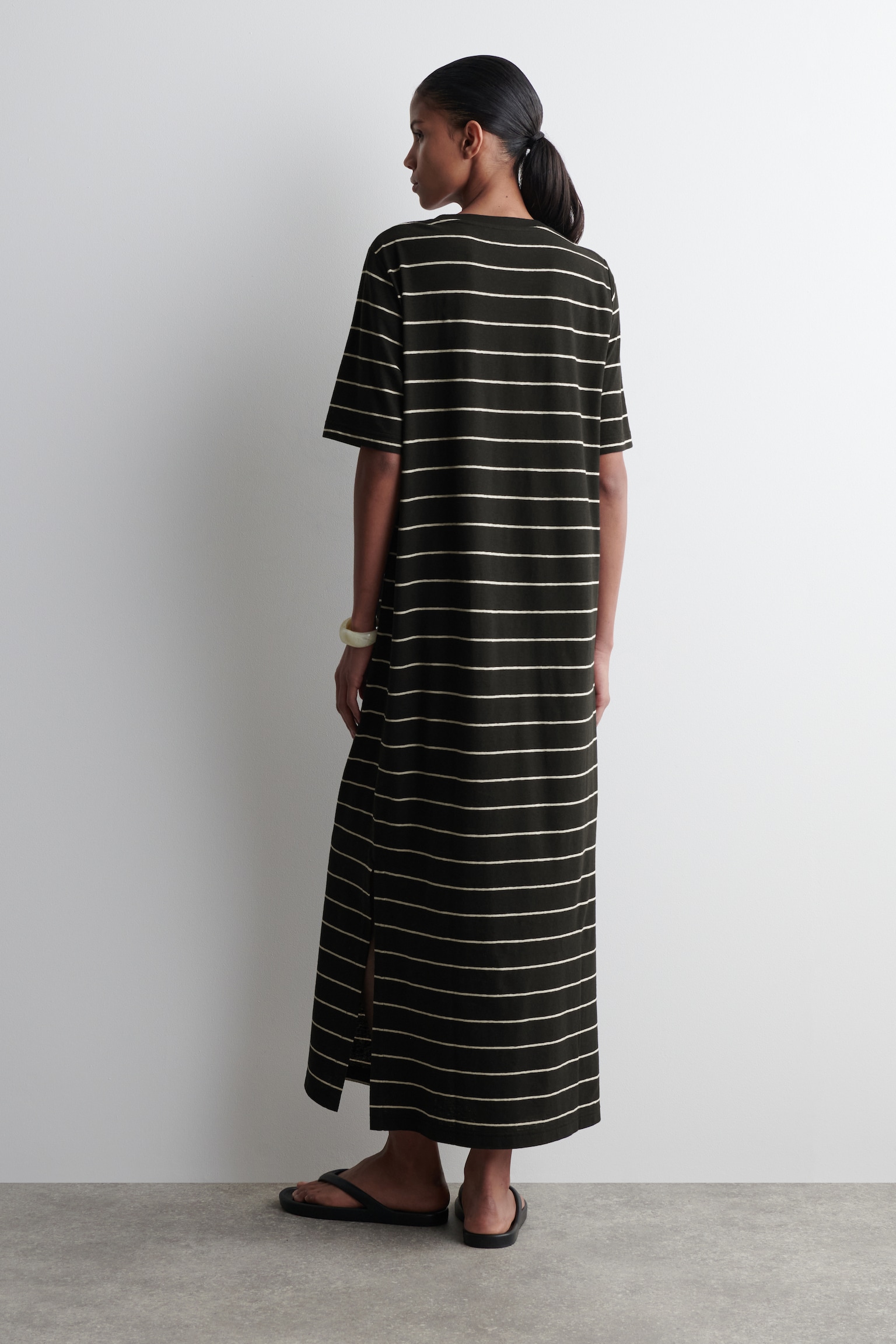 ABITO T-SHIRT MAXI IN COTONE E LINO - NERO / BIANCO / RIGHE/MARRONE - 5