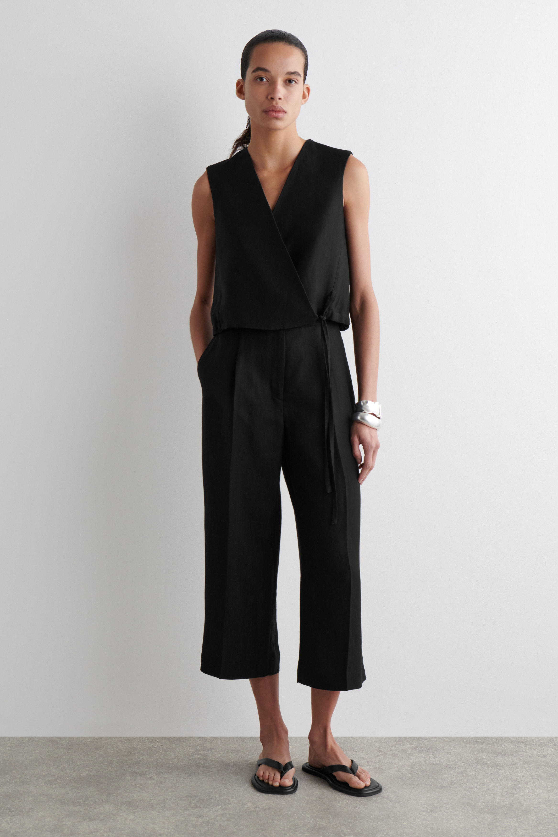 TIE-DETAIL LINEN-BLEND WRAP VEST - BLACK | COS