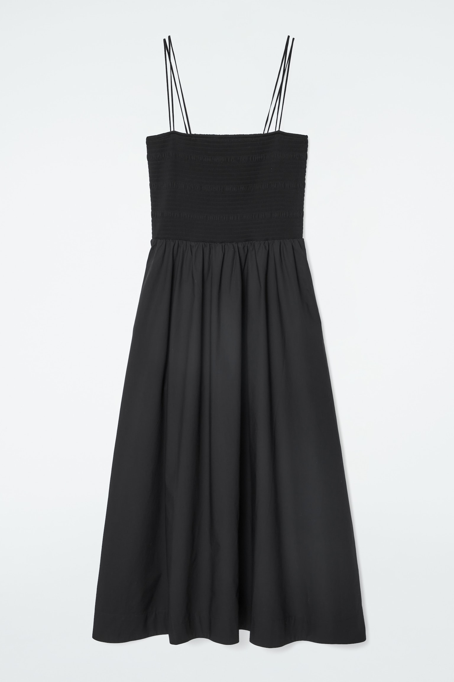 SHIRRED MIDI DRESS - BLACK/WHITE/RED